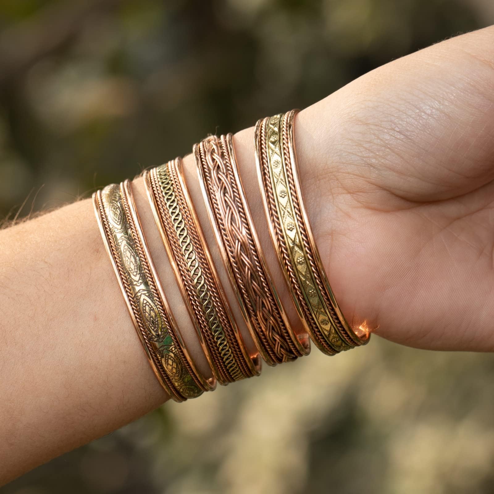 Handmade Pure Copper Tibetan Bracelets Set of 4 - Adjustable Kada Cuff Bangles for Men & Women | Spiritual Jewelry from India | Perfect for Meditation, Yoga & Boho Fashion
