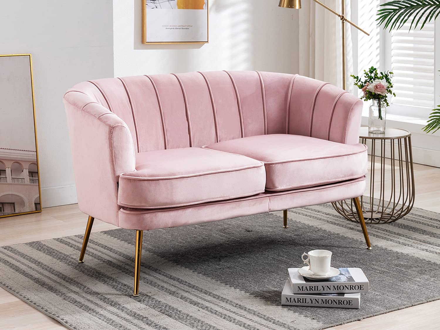 Luxury Velvet Loveseat Sofa - Modern Tufted Chesterfield 2-Seater Couch for Living Room & Bedroom - Soft Light Pink - Perfect for Small Spaces, Apartments & Cozy Home Decor