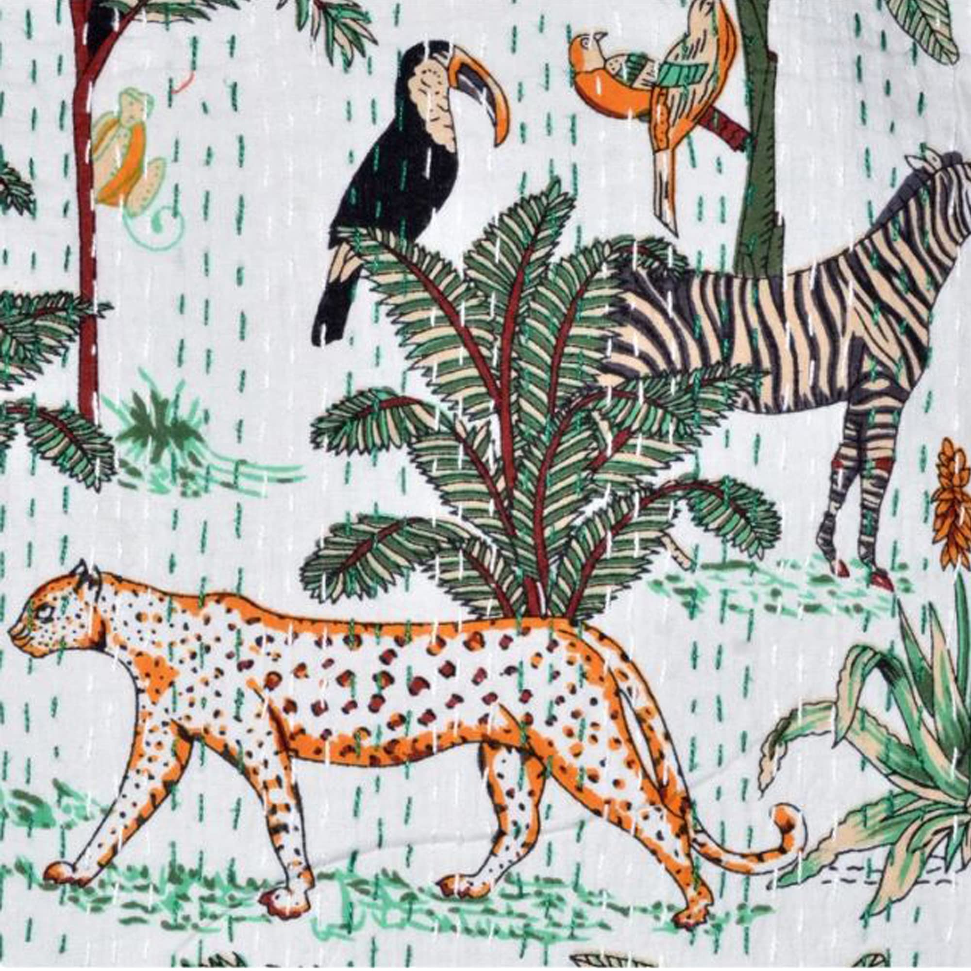 Vintage Indian White Jungle Print Kantha Quilt - Reversible Soft Boho Hand-Stitched Cotton Blanket - Traditional Kantha Throw by United Creation (60x90 Inches) - Perfect for Bohemian Bedroom Decor, Cozy Sofa Cover, or Unique Wall Hanging