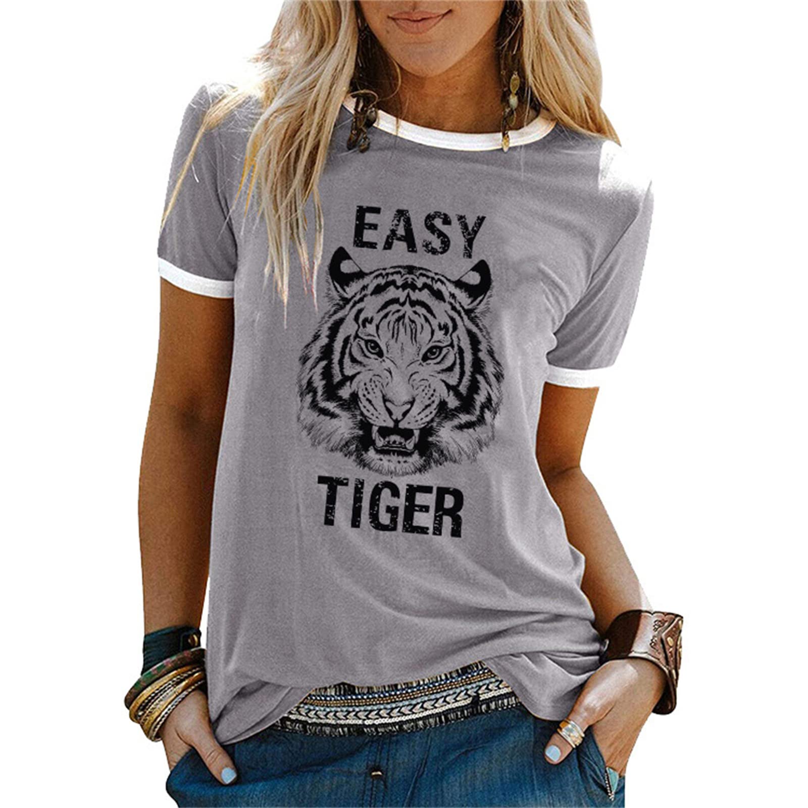 Easy Tiger Women's Shirts - Animal Tiger Graphic Tees Tops with Patchwork Design, White Short Sleeve Country Music T-Shirt for Casual Wear, Concerts & Outdoor Activities