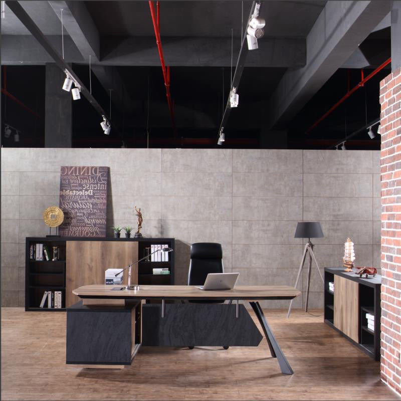 EASTON Executive Desk with Right Return 2.2m to 2.4m Warm Oak & Black - Modern Office Desk for Home & Business Workspaces