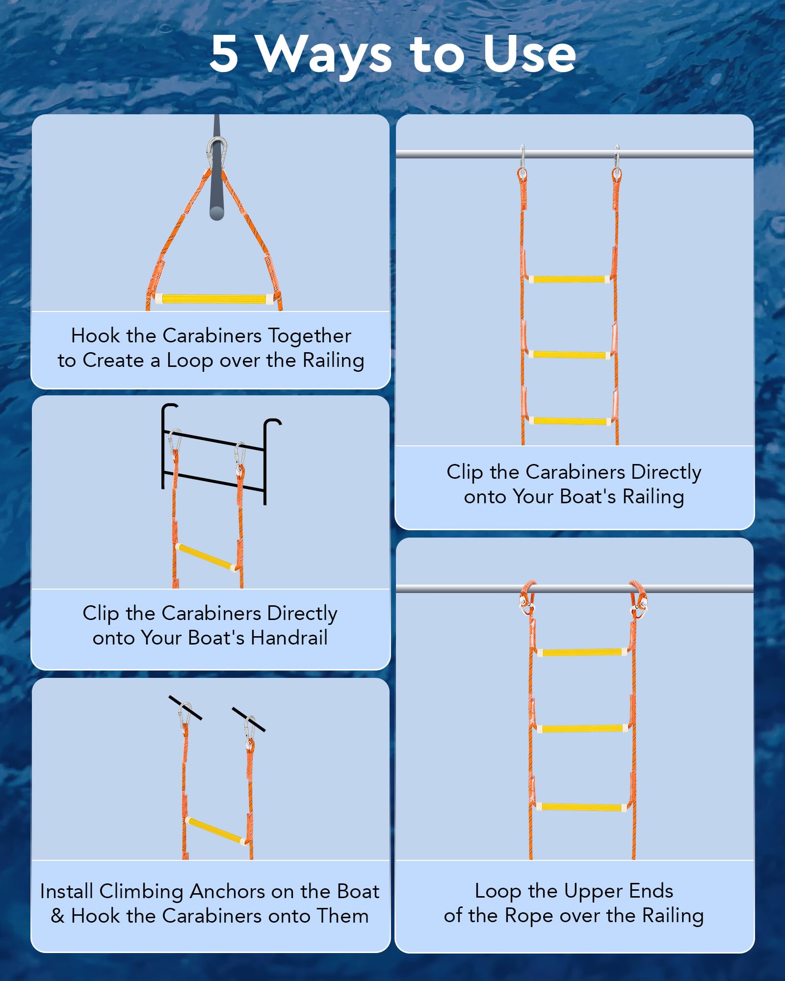 CO-Z 5 Step Portable Marine Boat Rope Ladder - Heavy Duty Dock Ladder for Inflatable Boats, Fishing Boats, Kayaks, Pontoons & Motorboats | Perfect for Swimming, Boarding & Water Sports Accessories