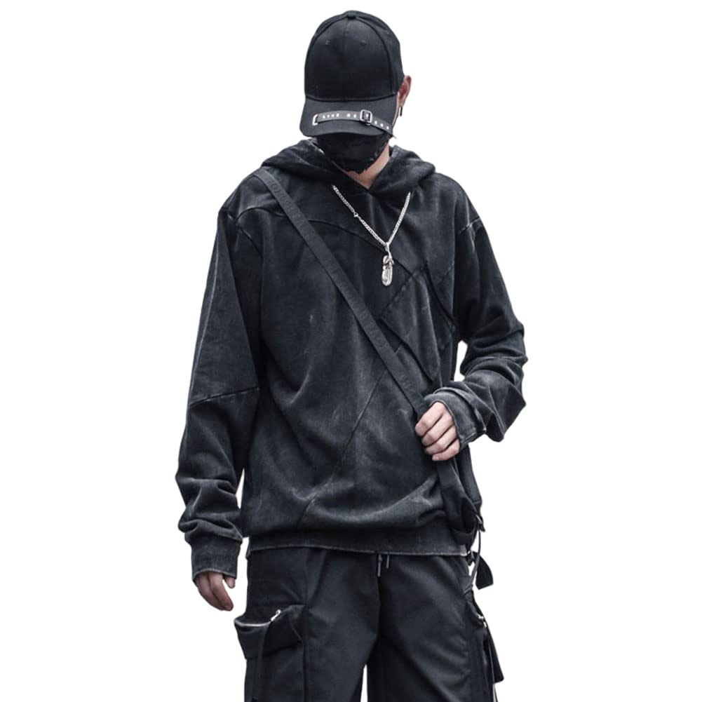 Men's Black Techwear Hoodie - Streetwear Hip Hop Casual Sweatshirt | Urban Fashion for Everyday Wear & Gym
