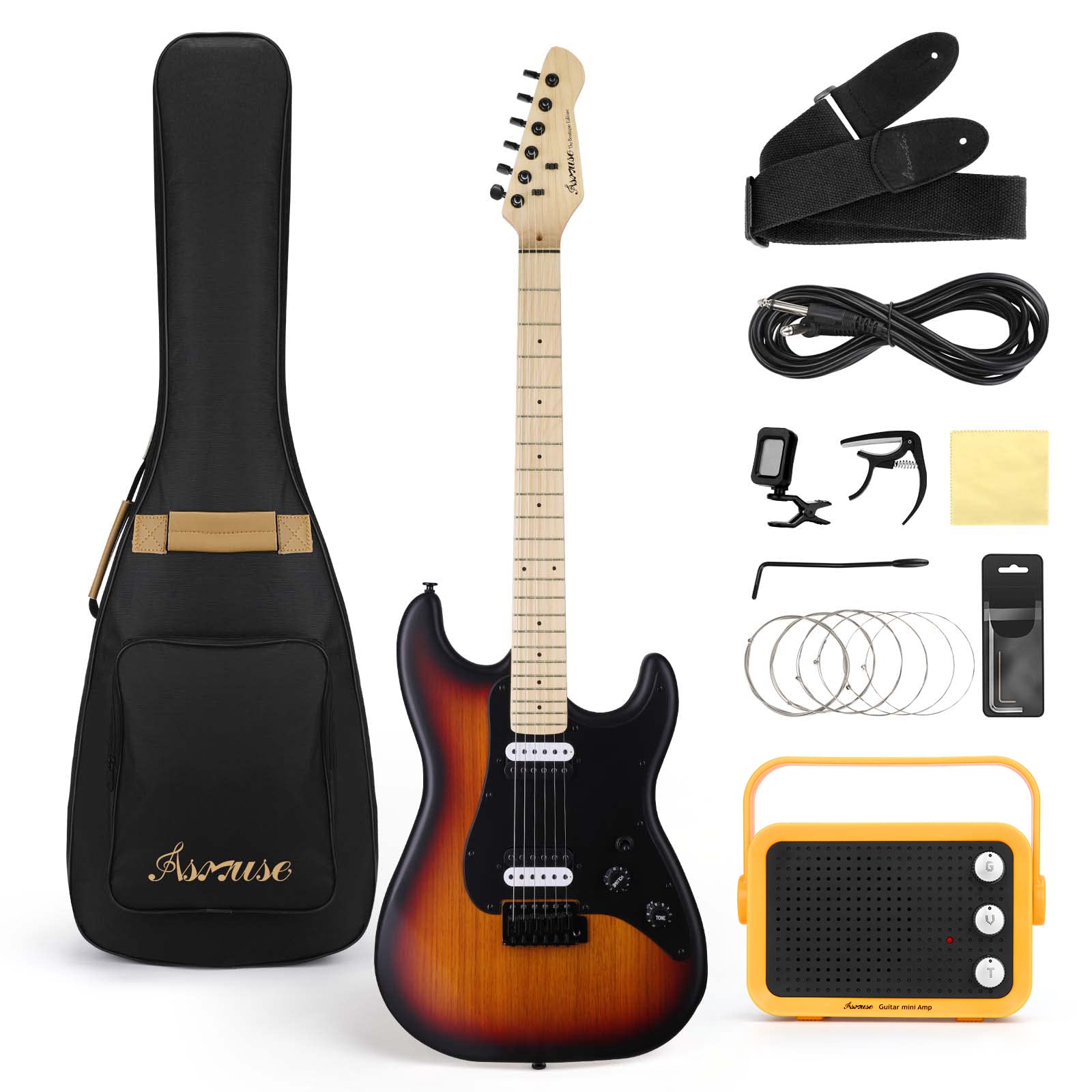 Asmuse 39 Inch Full Size Electric Guitar Beginner Kit with HSS Pickups, Amp, 6 Extra Strings, Picks, Gig Bag, Strap, Digital Tuner & Cable – Perfect for Beginners, Practice, Live Performance & Home Recording