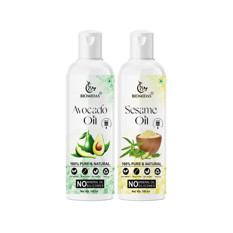 Biomidas 100% Pure Avocado Oil & Sesame Oil Combo (100ML Each) for Hair Growth, Anti-Hair Fall & Split Ends - Promotes Soft, Shiny Hair (Pack of 2) | Natural Hair Care for Dry, Damaged Hair & Scalp Nourishment | Perfect for Daily Hair Treatment & Massage