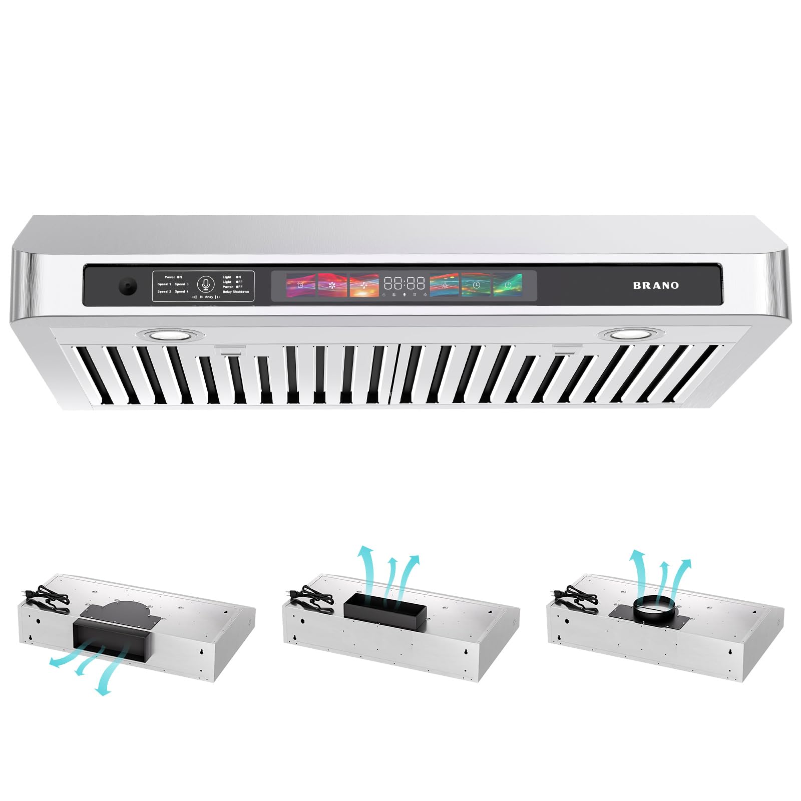 BRANO 30 Inch Under Cabinet Range Hood - 900 CFM Kitchen Vent Hood with Voice, Gesture & Touch Control, 4-Speed Exhaust Fan, LED Lights & Baffle Filters | Stainless Steel Stove Hood for Modern Kitchens