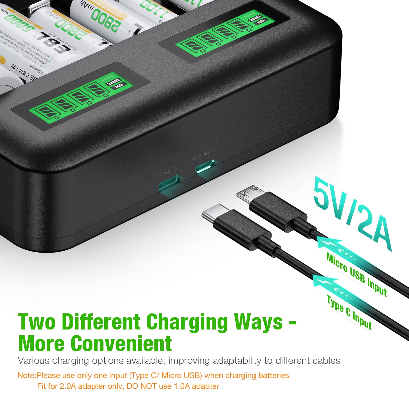 EBL Rechargeable C Batteries (4 Pack) with LCD Battery Charger - Compatible with Ni-MH AA AAA C D Batteries - Perfect for Flashlights, Toys, and Home Electronics