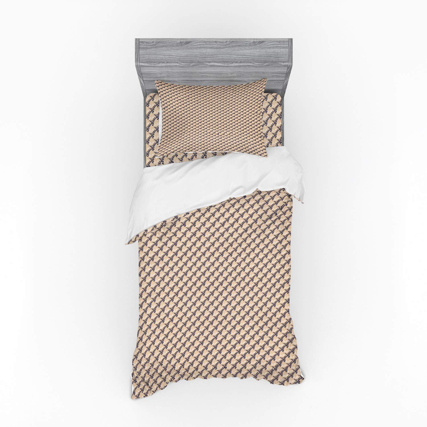 Ambesonne Abstract Duvet Cover Set - Botanical Leaf Print 3-Piece Bedding Set with Pillow Sham & Fitted Sheet, Twin Size in Pale Brown & Dark Grey - Perfect for Modern Bedroom Decor & Plant Lovers