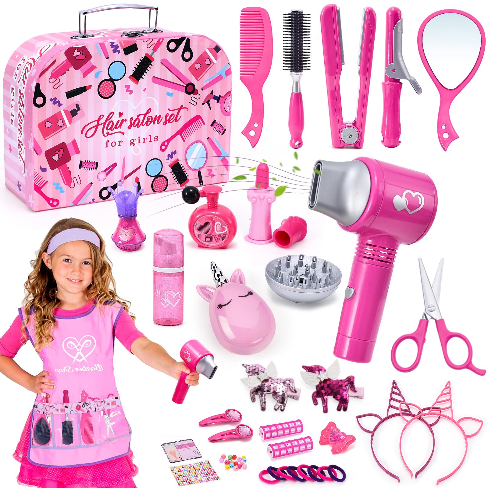 Lorfancy 49-Piece Kids Pretend Play Hair Salon & Beauty Makeup Set with Hairdryer, Apron, Curling Iron, Flat Iron, Mirror & Scissors - Toddler Dress Up Toys for Girls - Perfect Birthday Gift for Pretend Play, Role Play & Creative Fun