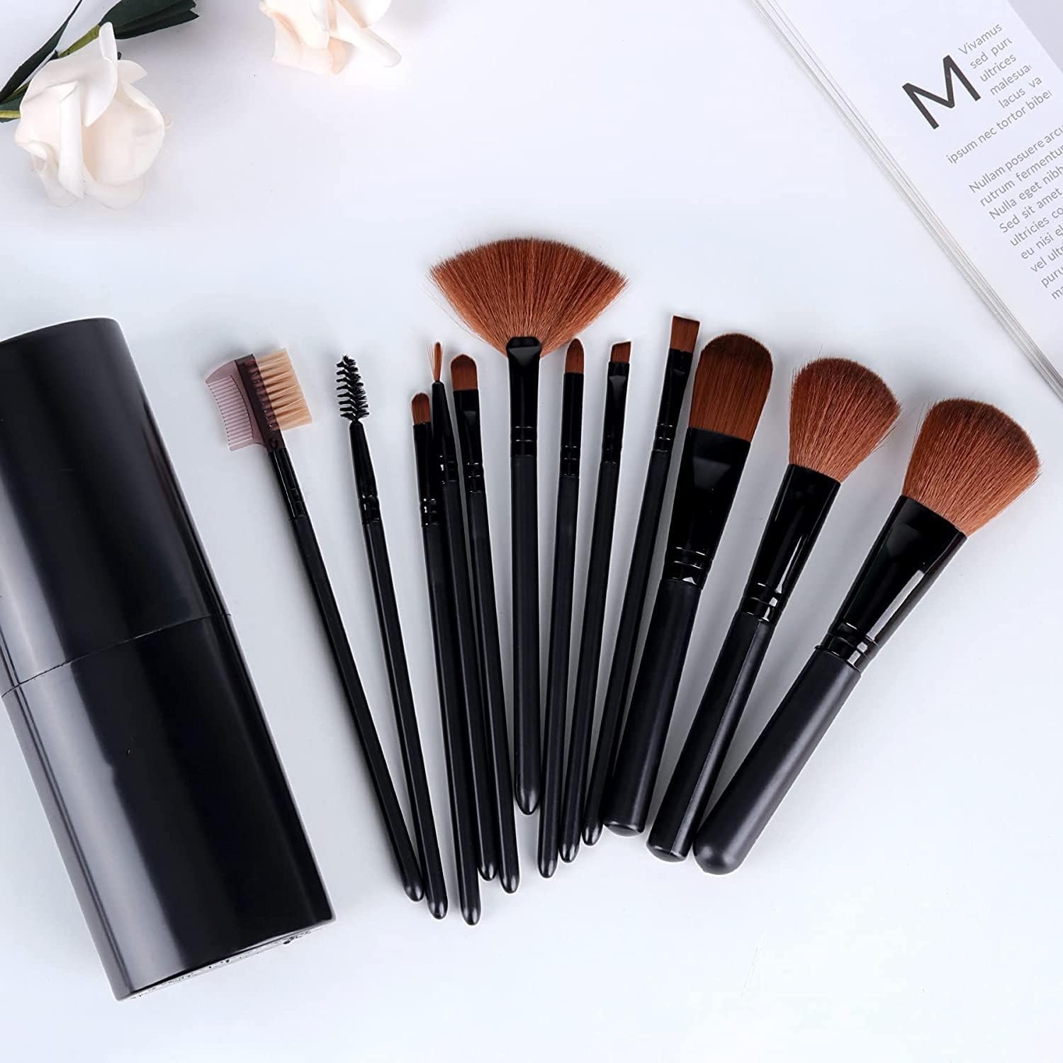 Premium 12-Piece Makeup Brush Set with Storage Barrel - Soft Synthetic Bristles for Foundation, Blending, Contouring & More - Perfect for Professional Artists & Beginners (Black) - Ideal for Home, Travel & Salon Use