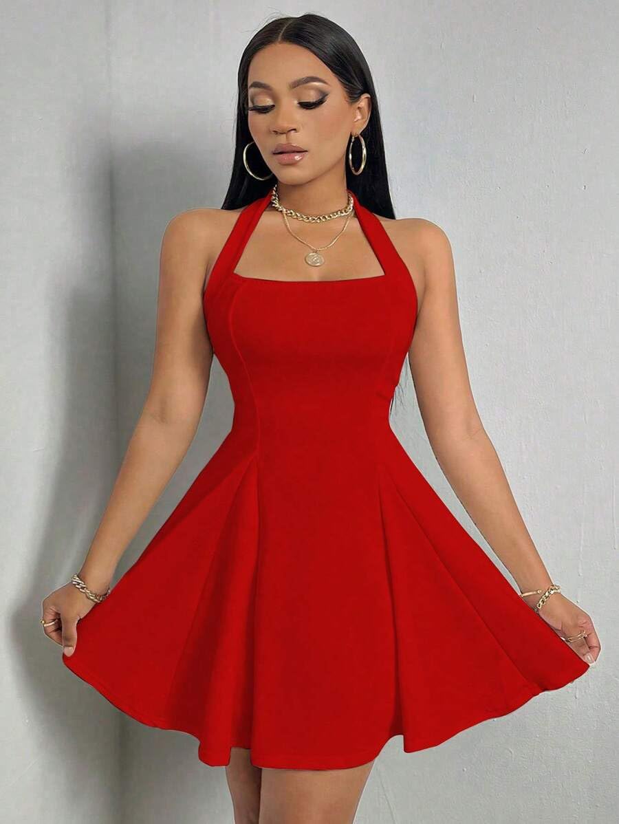 Narecte Women's Sexy Halter Neck Backless A-Line Mini Dress - Summer Casual Cute Dress for Beach, Party & Date Night
