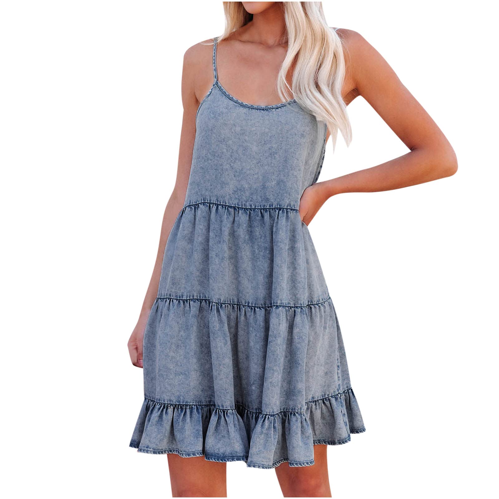 Women's Summer Casual Spaghetti Strap Sleeveless Ruffled Hem Pleated Midi Denim Dress - Beach Wedding Guest Dress, Vacation Outfit & Boho Chic Fashion
