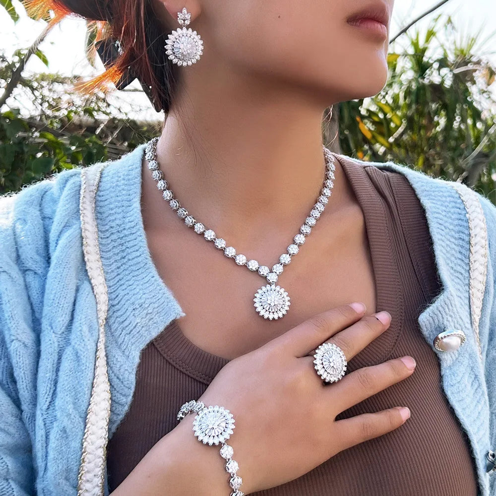 4-Piece White Cubic Zirconia Flower Jewelry Set for Women - Elegant Wedding Accessories, Bridal Party Jewelry, Costume Jewelry Set LYT0309 | Perfect for Weddings, Bridal Showers, and Special Occasions