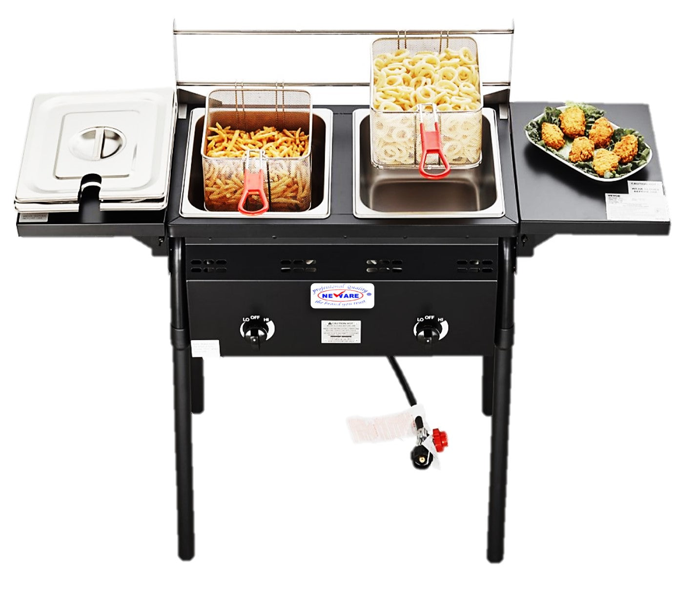 Double Burner Propane Deep Fryer with Shelves - Commercial Grade Stainless Steel Deep Fryer for Outdoor Cooking, Food Trucks, and Restaurants - Perfect for Frying Chicken, Fish, and French Fries
