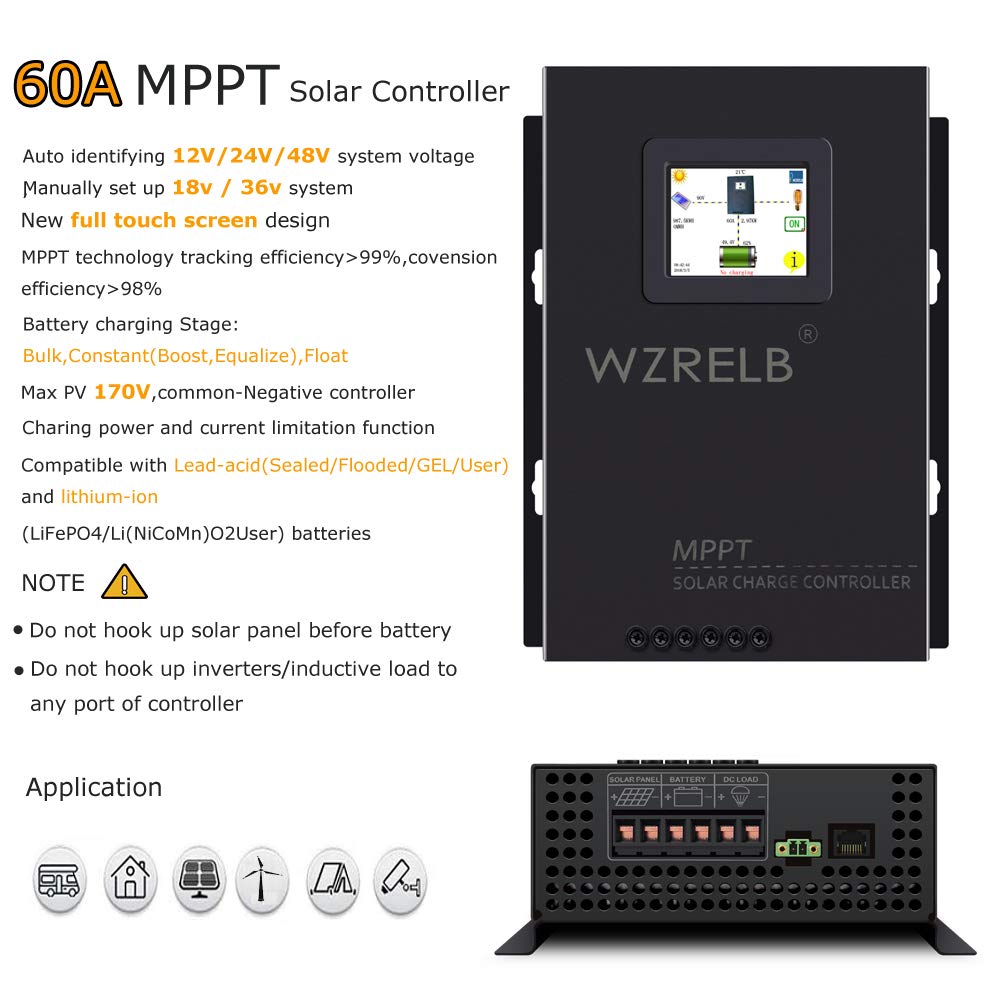 WZRELB 60A MPPT Solar Charge Controller 12V/24V/48V Auto & 18V/36V Manual - LCD Touch Screen Battery Charger for RV, Boat, Off-Grid Solar Systems