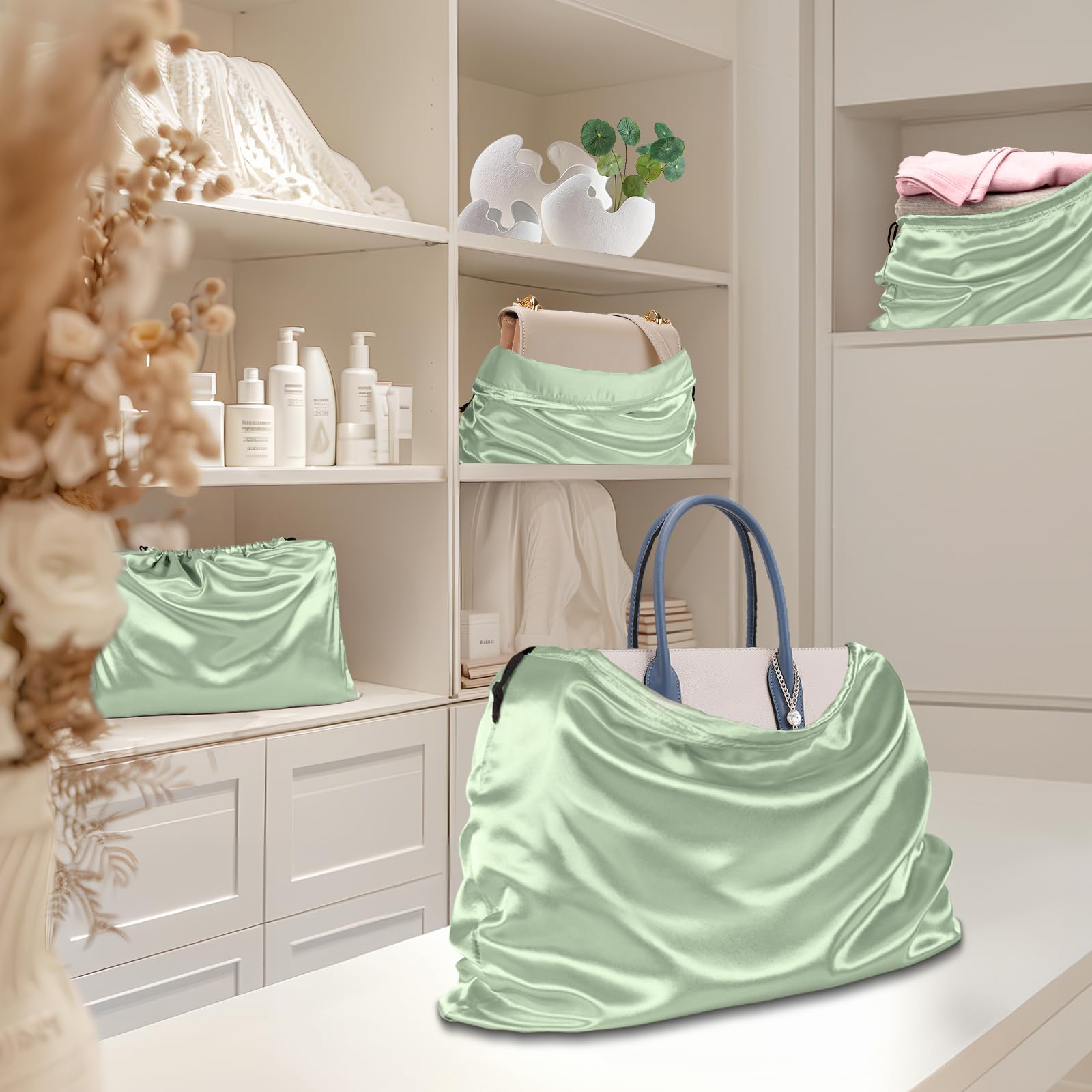 Premium 4-Pack Satin Dust Bags for Handbags & Purses - Silky Drawstring Storage Covers in Sage Green | Travel Pouch for Clothes, Shoes & Accessories | Perfect for Luxury Bag Protection, Closet Organization & Travel Storage
