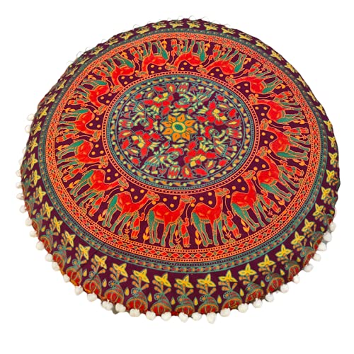 Bohemian Floor Pillow Covers 22 Inch - Round Mandala Pouf Cushion Cover Only (No Filler) for Boho Home Decor, Ottoman, Footstool & Seating - Hippie Style Throw Pillow Cases for Living Room, Bedroom & Outdoor Use