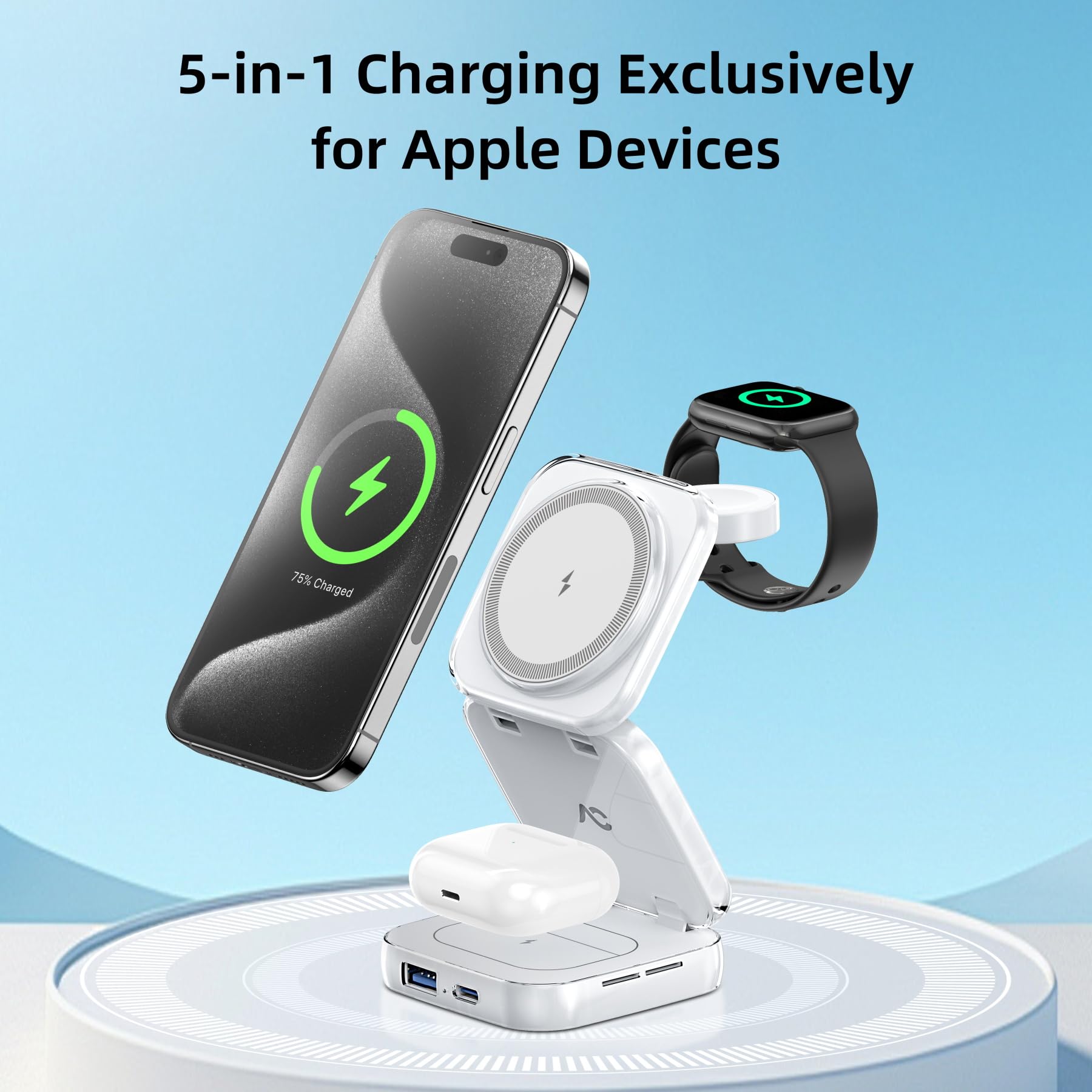 5-in-1 MagSafe Wireless Charging Station | 15W Fast Foldable Magnetic Stand for iPhone 16/15/14/13 Series, Apple Watch & AirPods | Includes 35W Adapter | Portable Travel Charger for Home, Office & Car Use