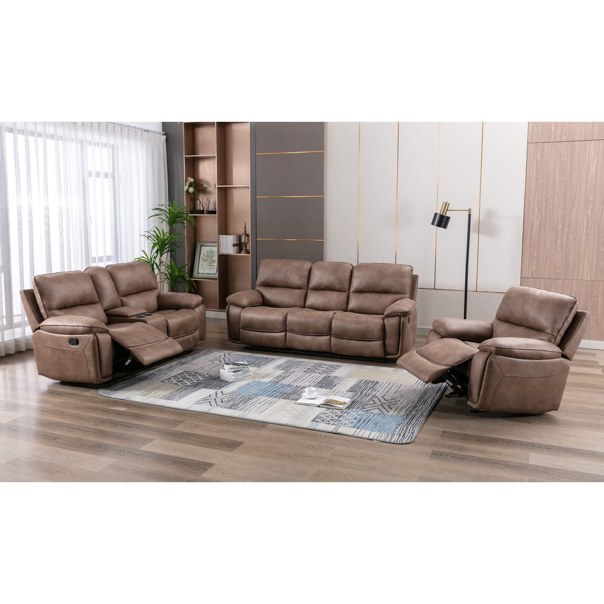 Easton Brown Reclining Sofa - 3-Seater Leather Recliner Couch with Cup Holders & USB Charging | Modern Living Room Furniture for Home Theater & Family Relaxation