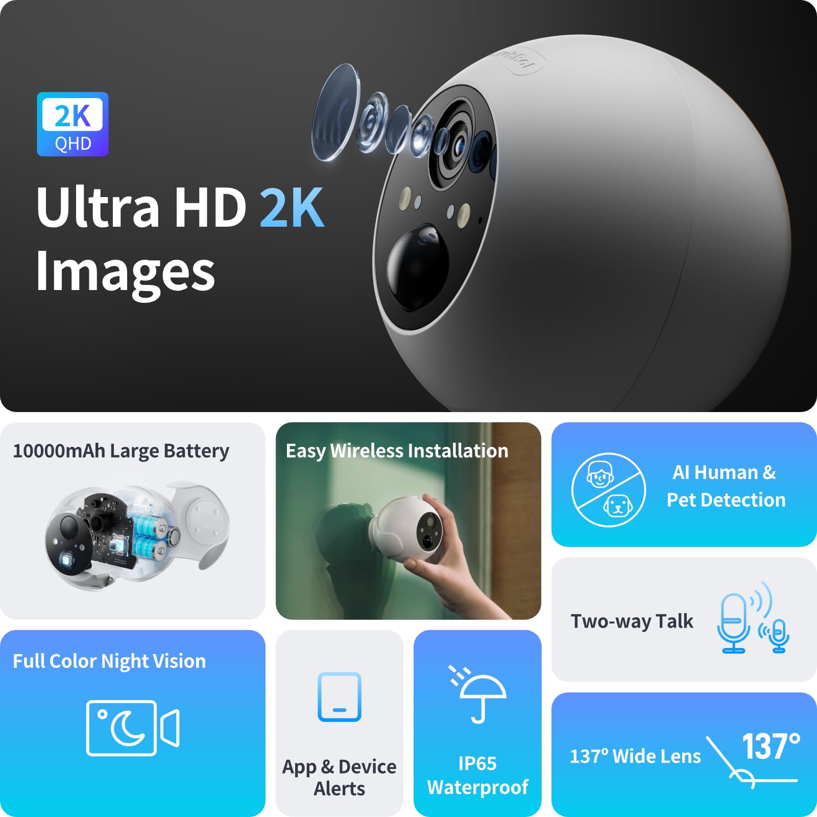 SwitchBot 2K Outdoor Wireless Security Camera with Solar Panel - 24/7 Home Surveillance, Color Night Vision, AI Human & Pet Detection, Alexa Compatible, WiFi 2.4G - Ideal for Front Yard, Backyard & Garage Security Monitoring