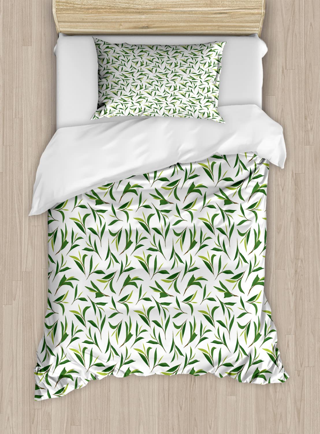 Ambesonne Green Tea Leaves Duvet Cover Set - Botanical Art Foliage Nature Illustration Bedding (2 Duvet Covers + 2 Pillowcases, Twin Size, Emerald/White) | Perfect for Tea Lovers' Bedrooms, Nature-Themed Decor & Cozy Home Styling