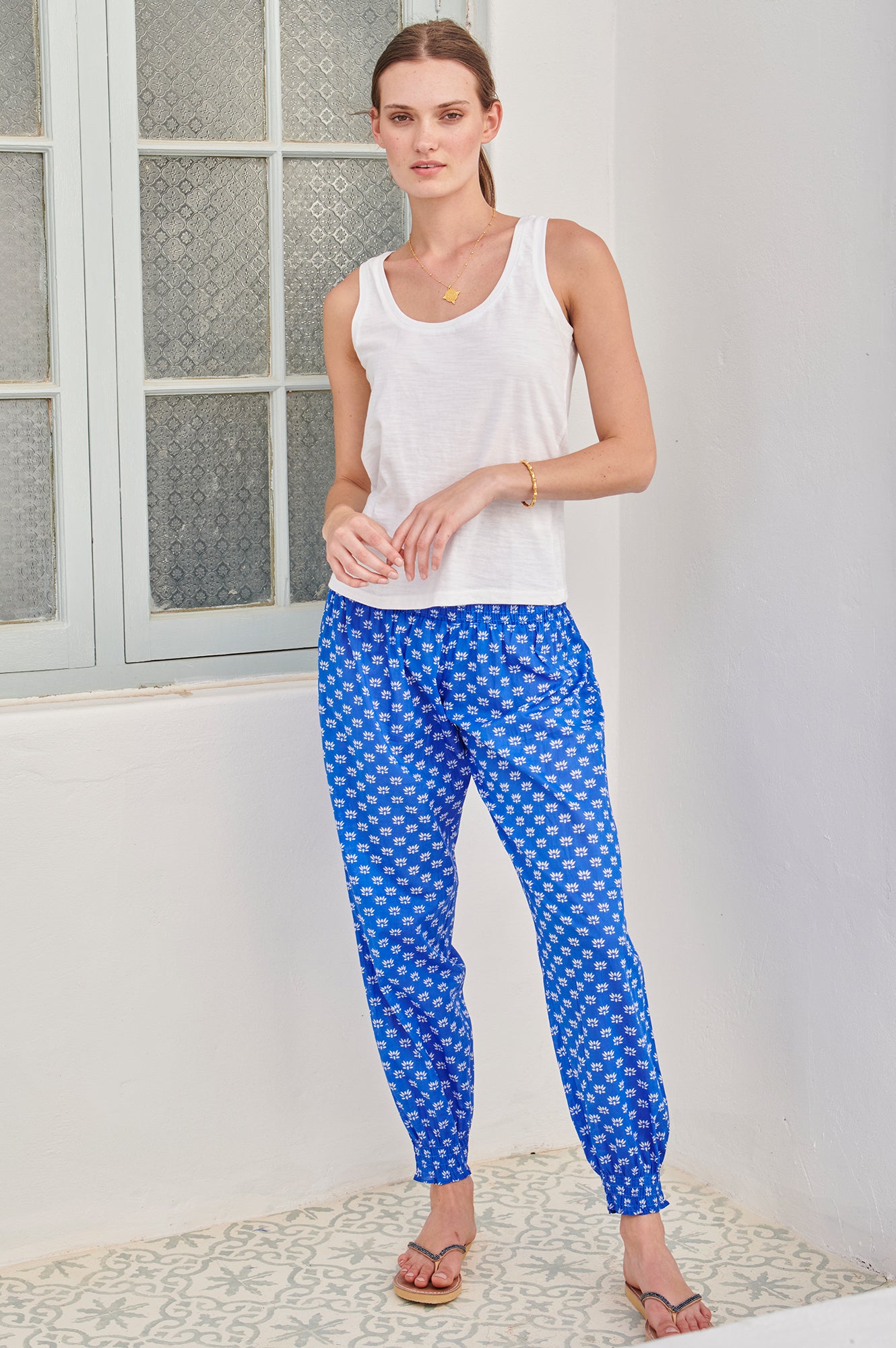 Organic Cotton Harem Pants for Women - Soft & Comfortable Blue/White Loose Fit Trousers - Perfect for Yoga, Lounge and Casual Wear