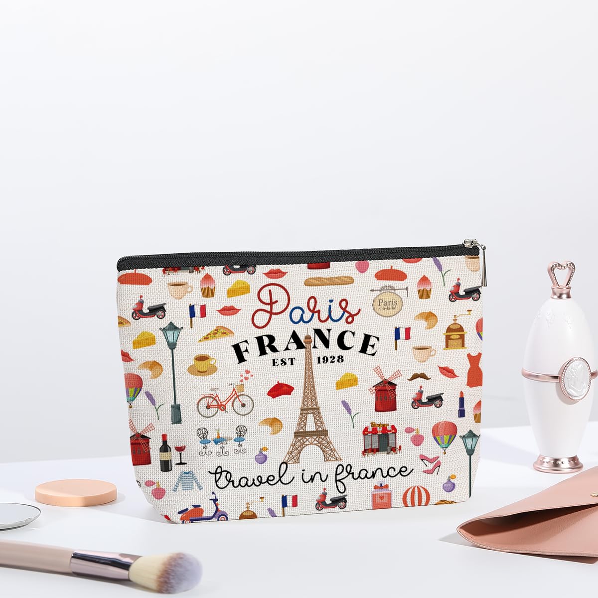 Eiffel Tower Paris Themed Cosmetic Makeup Bag - Romantic France Travel Toiletry Pouch for Women | Perfect Paris Lover Gift for Christmas, Anniversary & Birthday | Travel Essentials & Vacation Accessories for Travelers - Ideal for Carry-On, Weekend Trips & Honeymoons