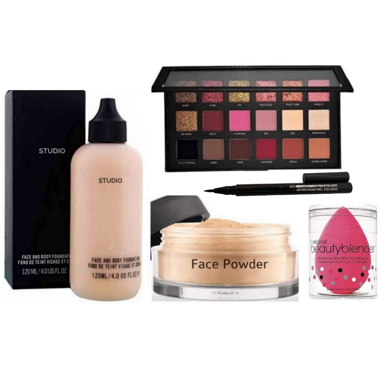 Professional Foundation & Face Powder Set with Blender, Eyeliner & Eyeshadow - 5-Piece Makeup Kit for Flawless Coverage & Long-Lasting Beauty (Perfect for Daily Use, Special Occasions & Professional Makeup Artists)