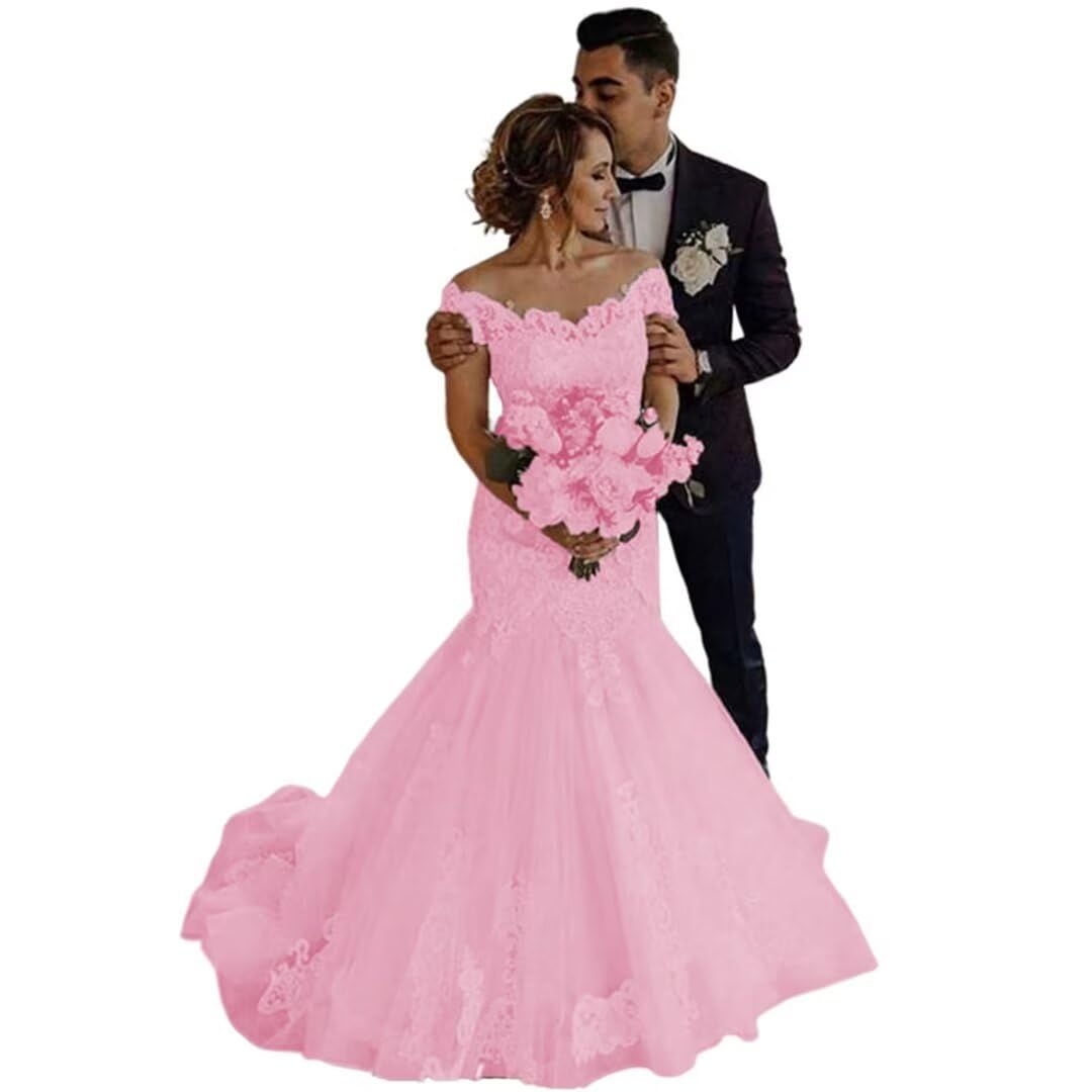 XYAYE Mermaid Wedding Dress for Bride - Off Shoulder Lace Tulle Bridal Gown with Brush Train | Perfect for Beach Weddings, Vow Renewals & Romantic Photoshoots