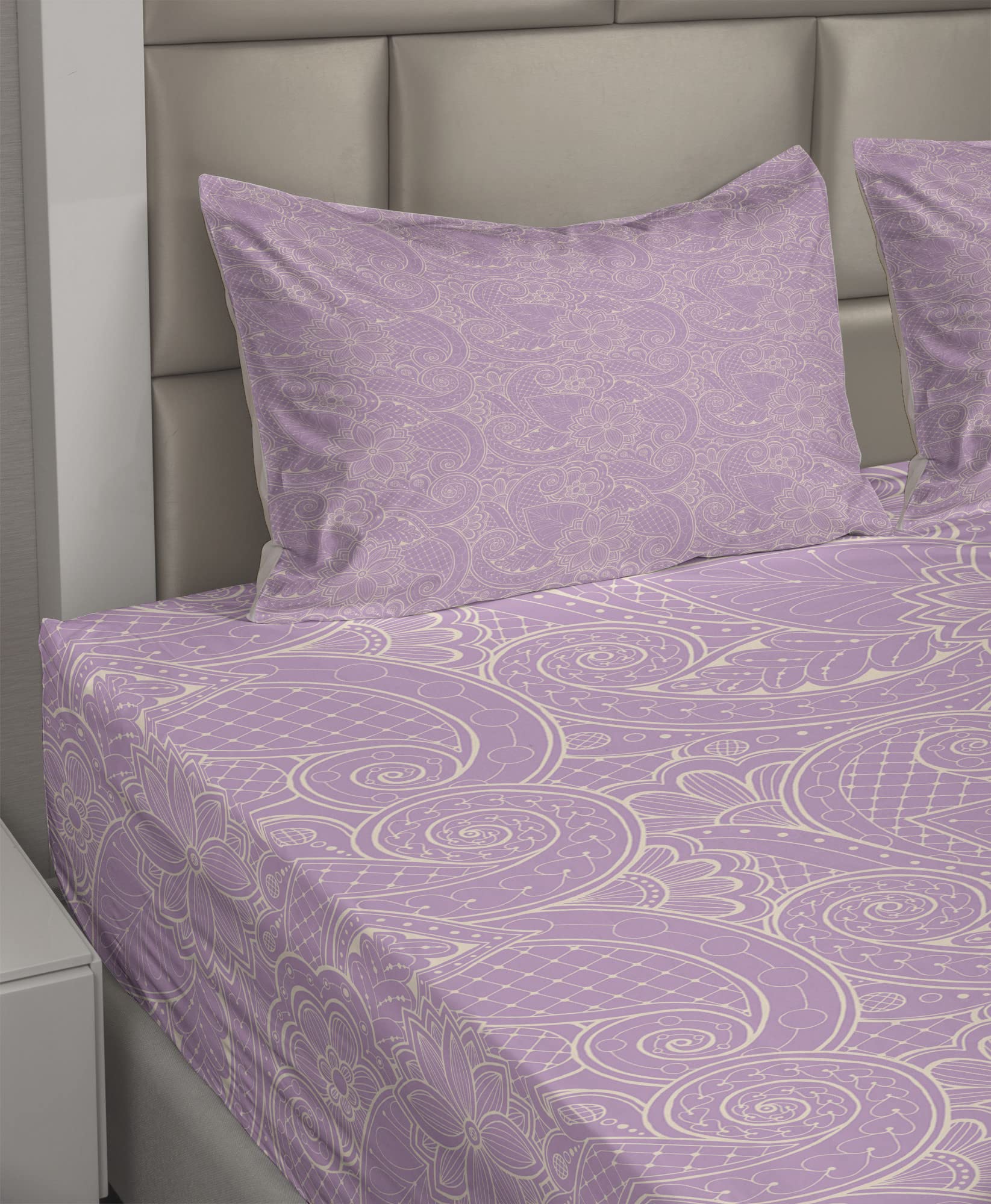 Ambesonne 4-Piece King Sheet Set - Monochrome Foliage Design with Paisley & Floral Patterns, Lavender Beige Bedding | Soft & Breathable for All Seasons | Perfect for Master Bedroom, Guest Room & Vacation Homes