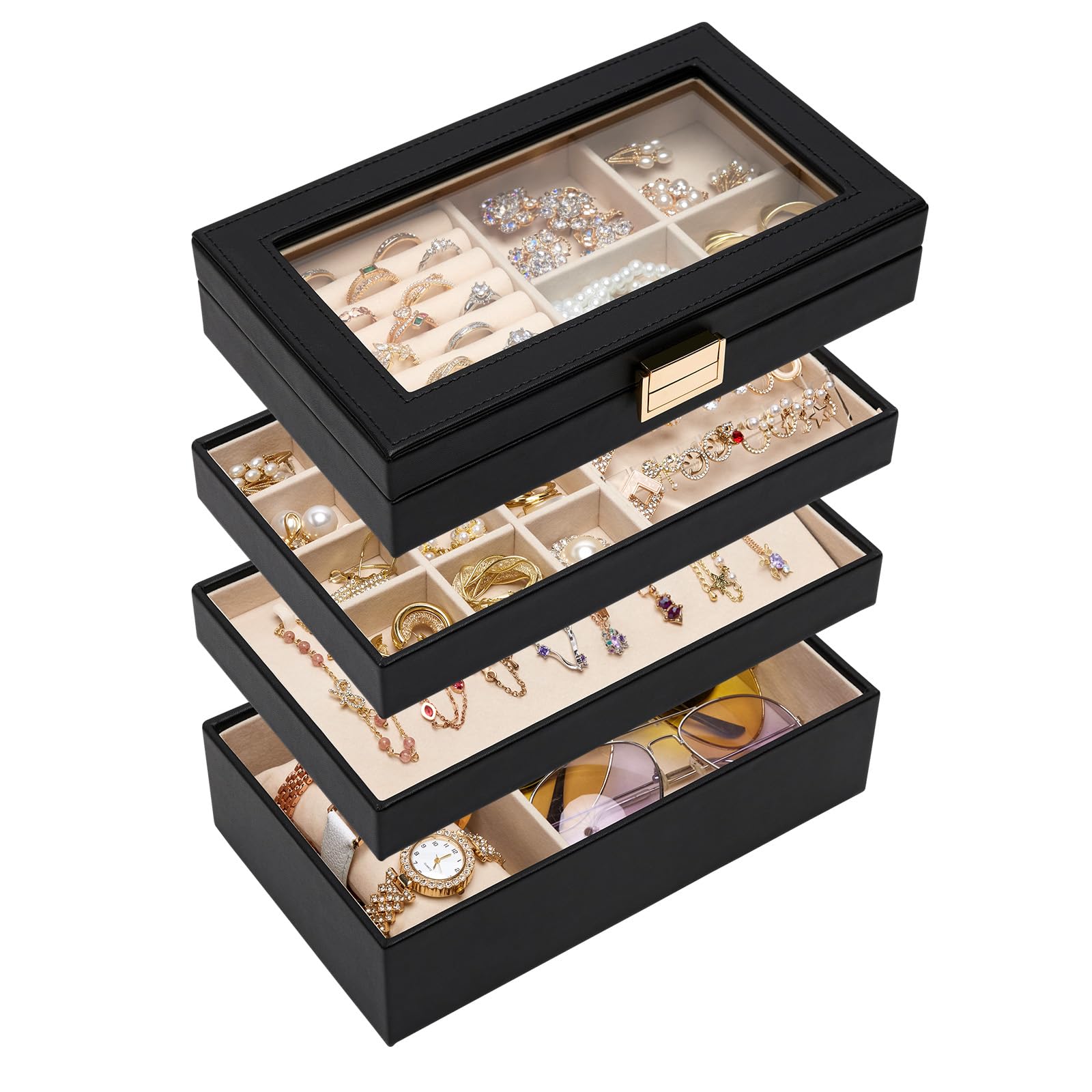 Homde Stackable Jewelry Organizer Box with Glass Lid & Removable Dividers - Black Jewelry Tray for Necklaces, Rings, Earrings | Vanity Table Storage Solution for Women & Girls | Perfect Gift for Birthdays, Mother's Day & Christmas