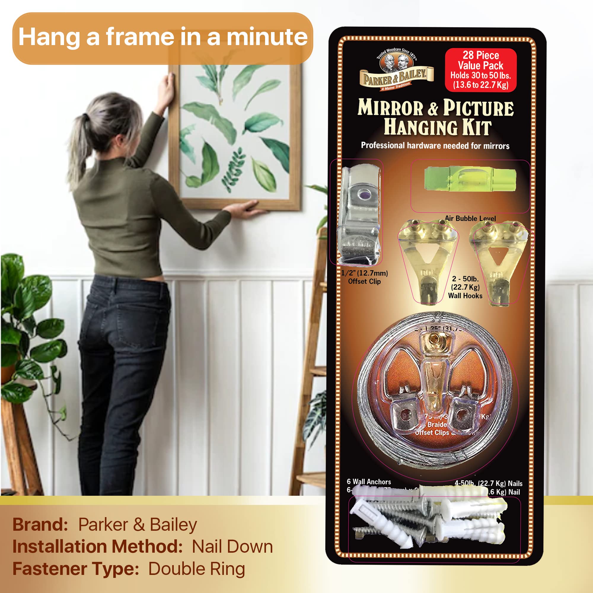 Parker & Bailey 28-Piece Heavy Duty Picture Hanging Kit with Hooks, Nails & Wire - Complete Wall Decor Hanging Solution for Frames, Collages & Home Decor - Perfect for Living Rooms, Bedrooms & Offices