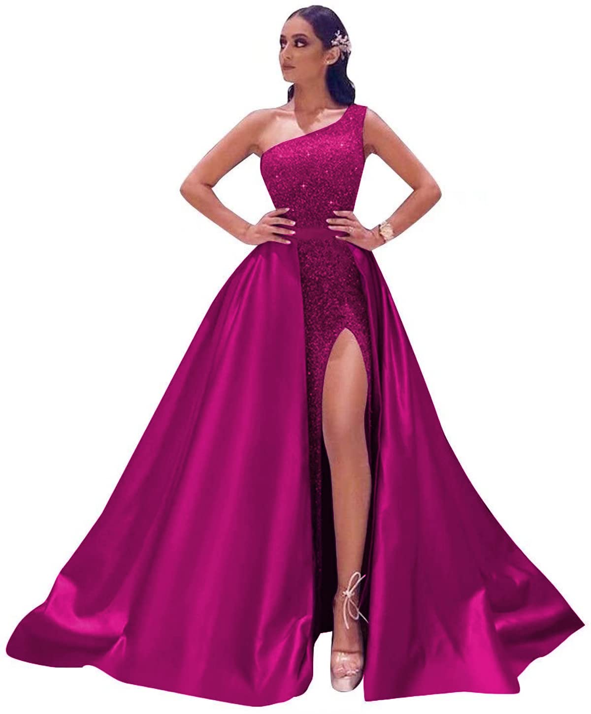 Dymaisei Women's One Shoulder Prom Dresses 2023 Sparkly Sequins Evening Gown Formal Dress with High Slit - Perfect for Homecoming, Prom Night, Cocktail Parties & Special Occasions