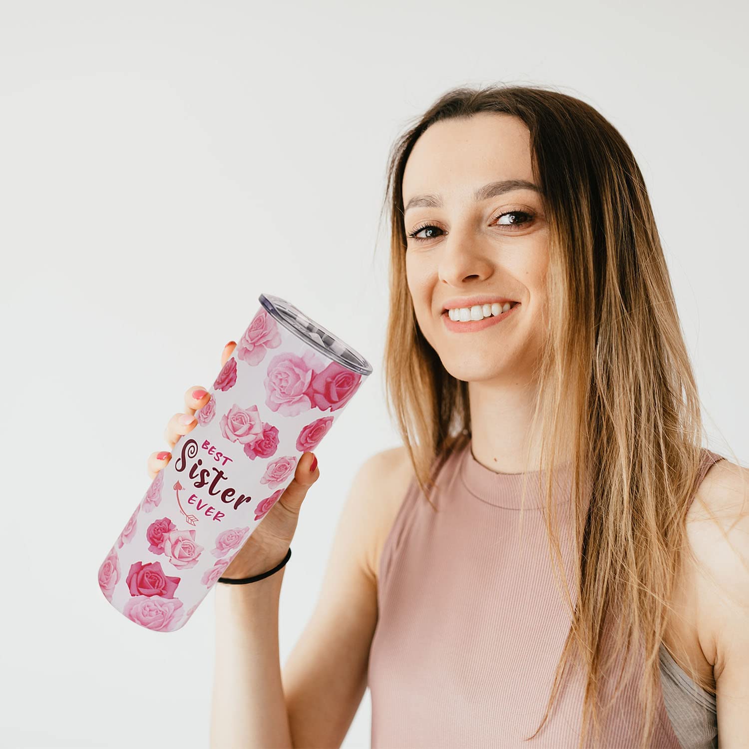 **Pink Floral Tumbler with Lid & Straw - 20oz Insulated Travel Mug for Iced Coffee, Best Sister Gift for Birthday, Christmas & Everyday - Cute Sister Tumbler for Women & Girls**    *(Use Cases: Perfect for travel, work, school, or relaxing at home – keeps drinks cold for hours!)*