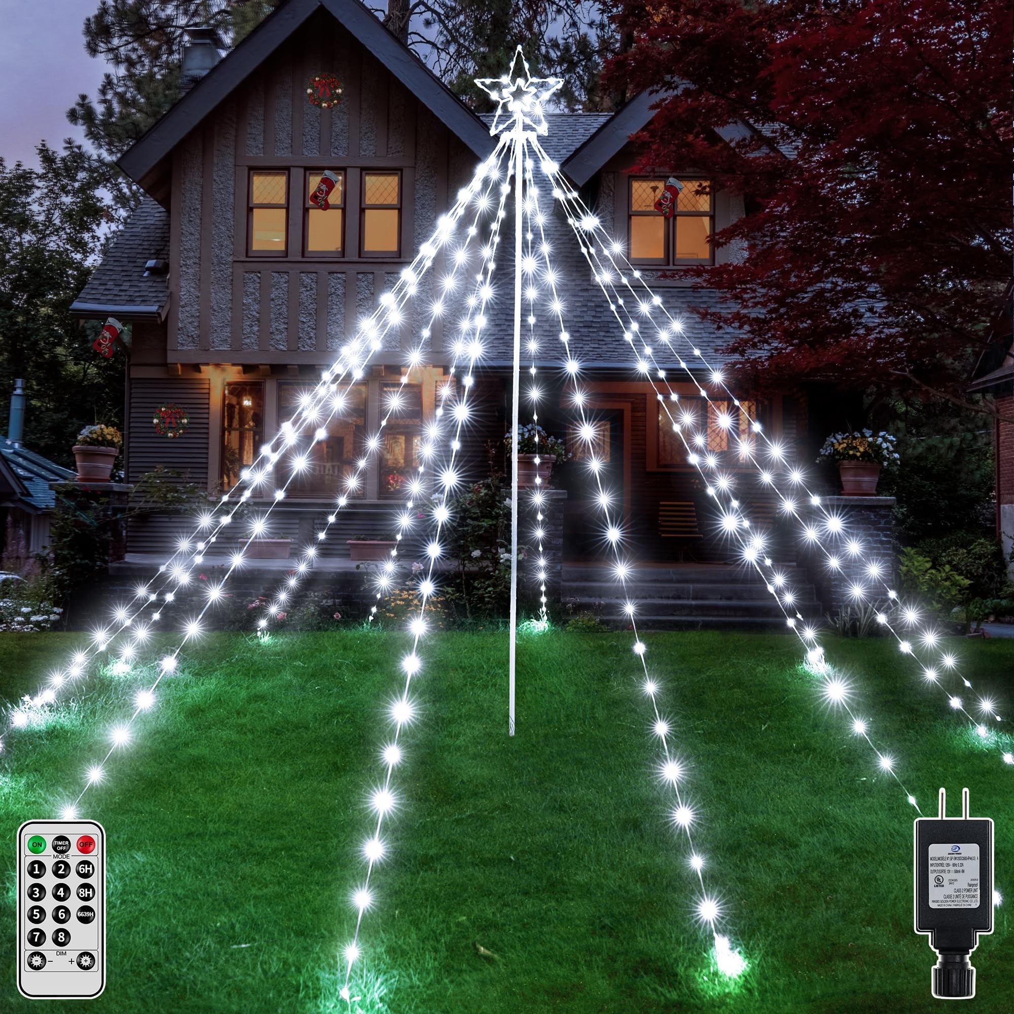 Shineshine 340LED Christmas Tree Lights - IP67 Waterproof Outdoor Holiday Decorations with Star Topper, 8 Lighting Modes & 3 Timers, Dimmable for Yard, Garden, Patio (White) HG-6V222C | Perfect for Christmas, New Year, Winter Decor & Outdoor Parties