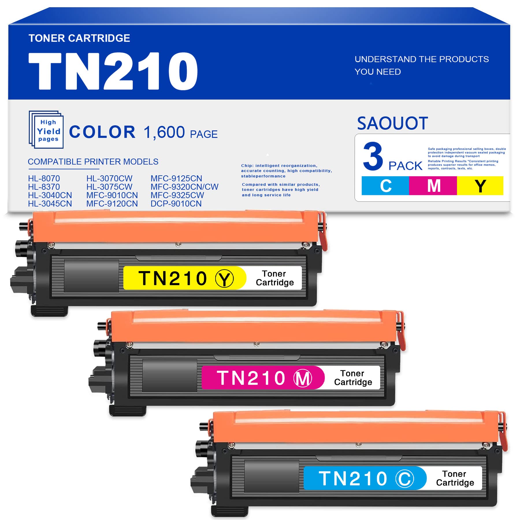 SAOUOT 3-Pack TN210 Toner Cartridge Replacement for Brother HL-8070, 8370, 3040CN, 3045CN, 3070CW, 3075CW, MFC-9010CN, 9120CN, 9125CN, 9320CN, 9320CW, 9325CW, DCP-9010CN Printers (1 Cyan + 1 Magenta + 1 Yellow) – High-Quality Compatible Ink for Home & Office Printing