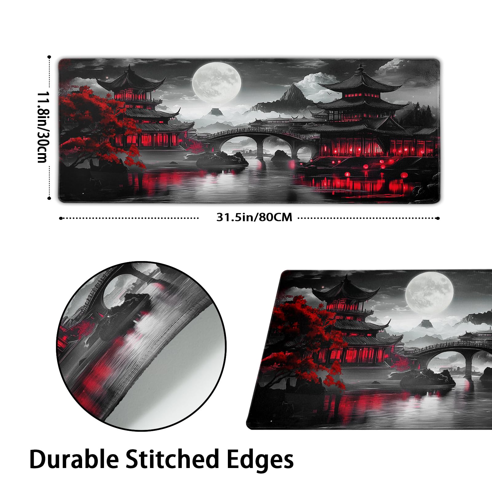 Premium Japanese Riverside Full Moon Extended Desk Mat - Extra Large 31.5×11.8 Inch Non-Slip Rubber Base Mouse Pad with Stitched Edges for Gaming, Office & Home Use - Black & Red Design for PC, Laptop & Keyboard Comfort