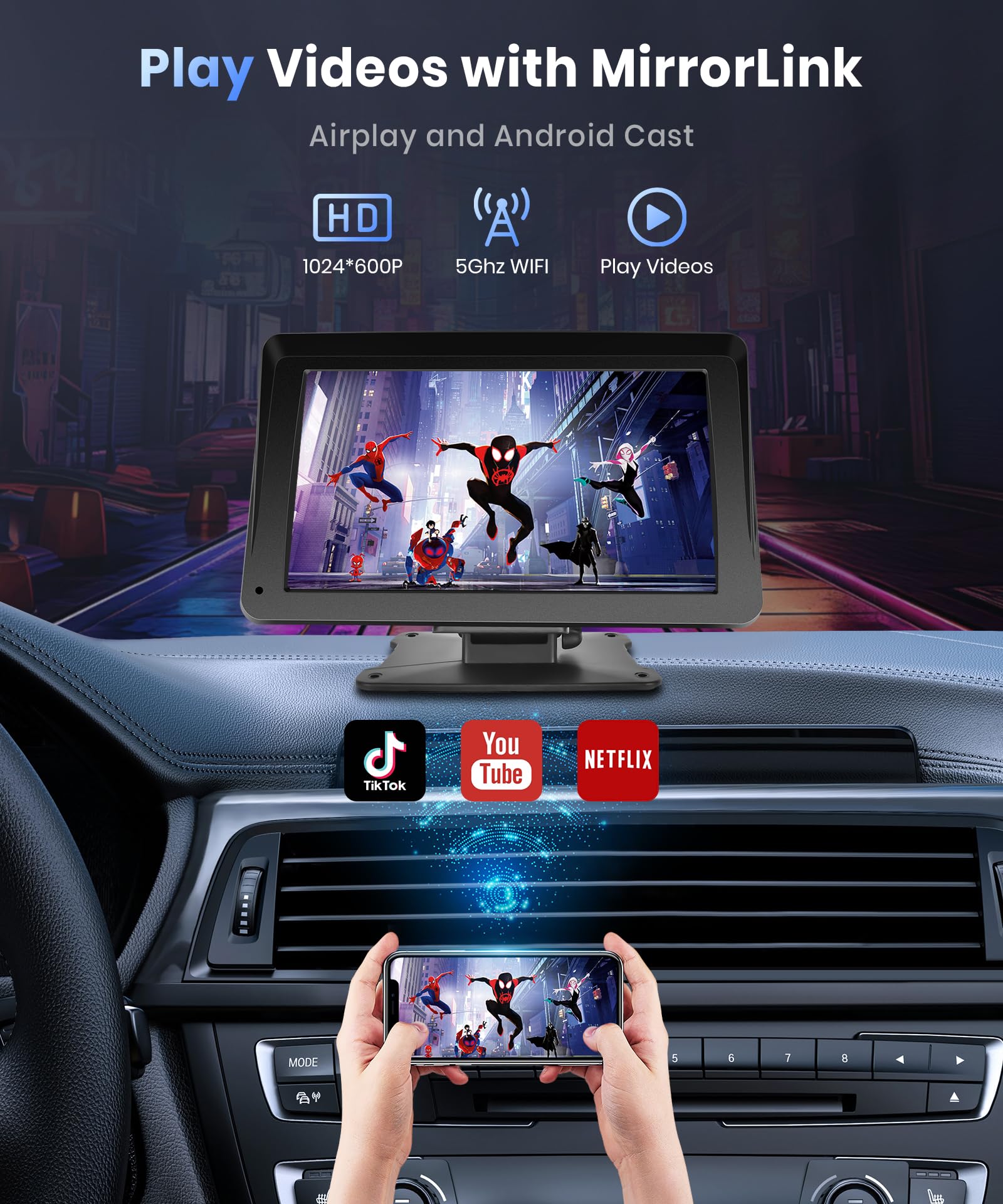 Podofo 7-inch Wireless CarPlay & Android Auto Portable Car Stereo with Bluetooth, Mirror Link, GPS, Siri, FM, AUX & Telescopic Bracket - Hands-Free Touch Screen for Safer Driving & Entertainment