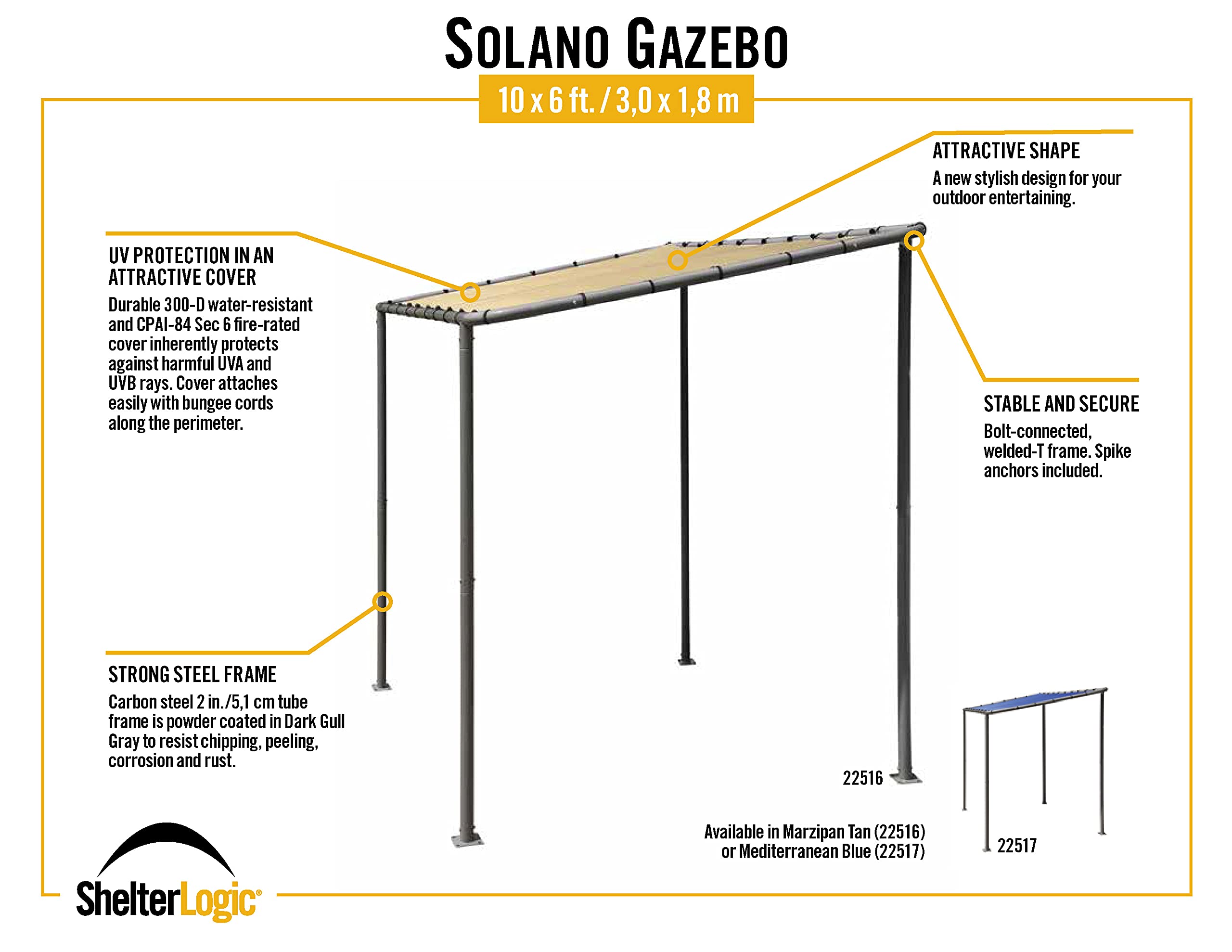 ShelterLogic 10' x 6' Solano Gazebo with Carbon Steel Frame & Water-Resistant Tan Canopy - Outdoor Sun Protection for Patio, Garden, and Backyard