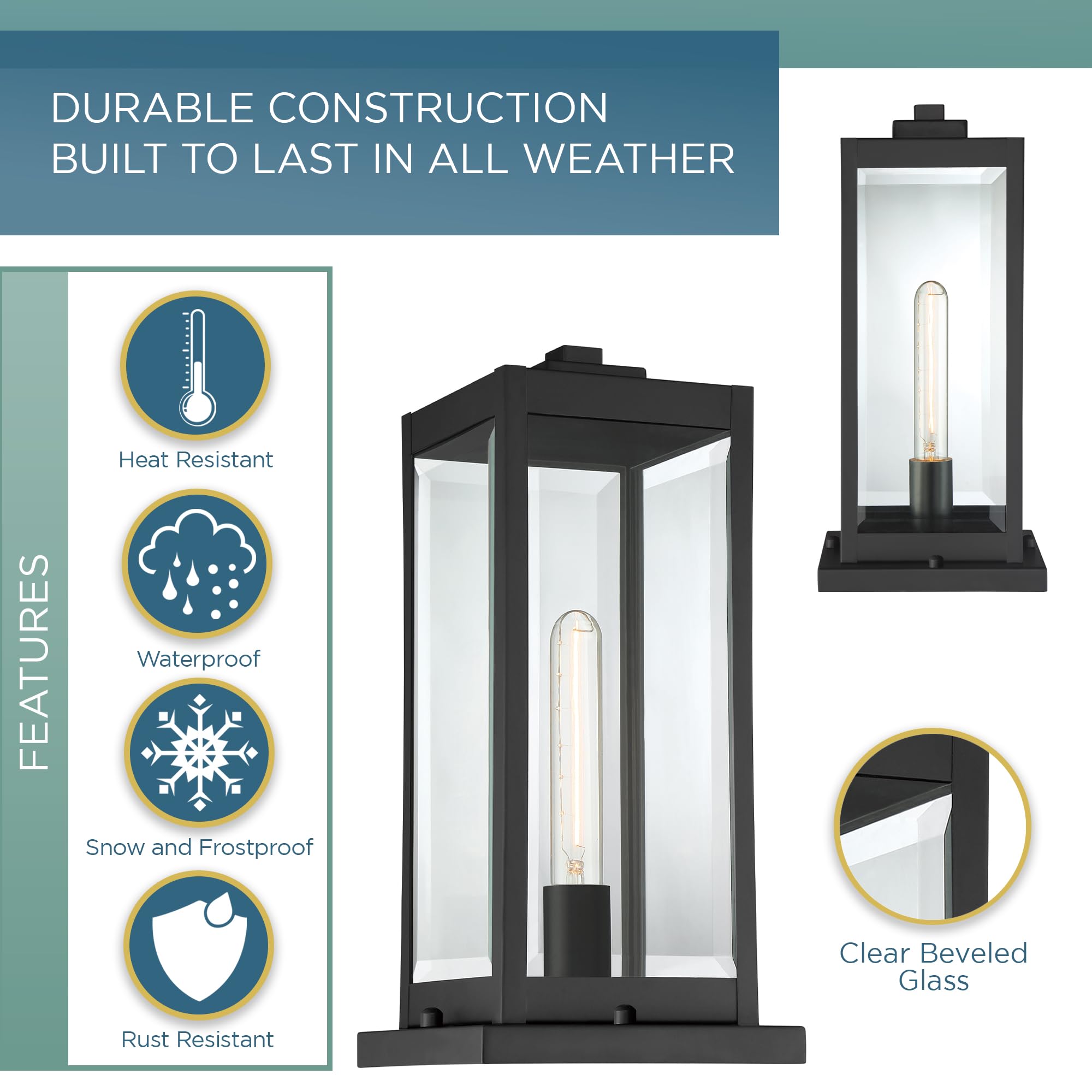 Quoizel Westover 16-Inch Outdoor Post Lantern - Modern 1-Light Black Pole Light with Clear Beveled Glass for Patio, Porch, Garden, Pool & Driveway | Weather-Resistant Exterior Lighting for Enhanced Curb Appeal & Nighttime Safety