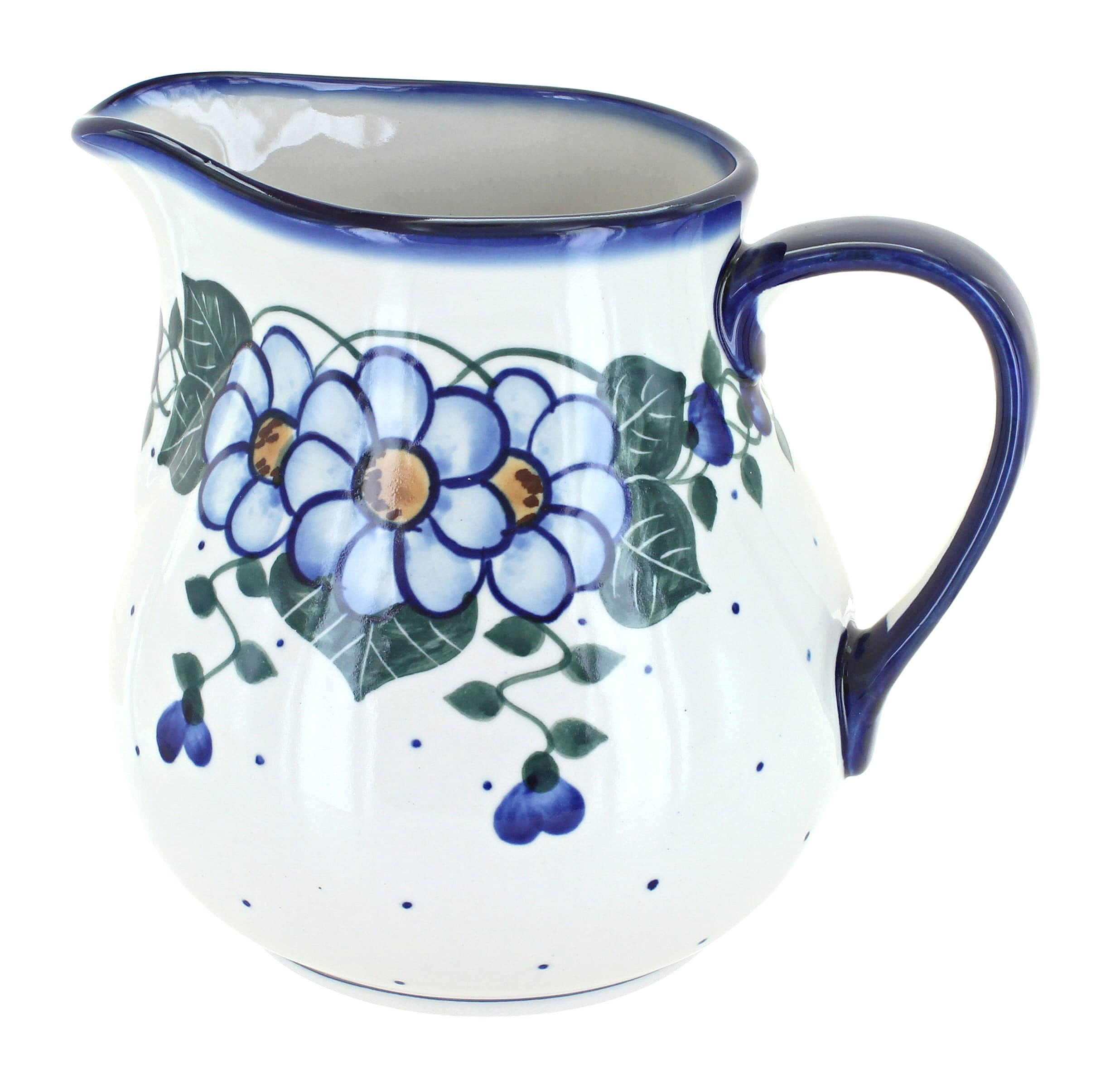 Handmade Blue Rose Polish Pottery Pitcher - Traditional Primrose Design - Perfect for Home Decor, Kitchen Use & Gift Giving