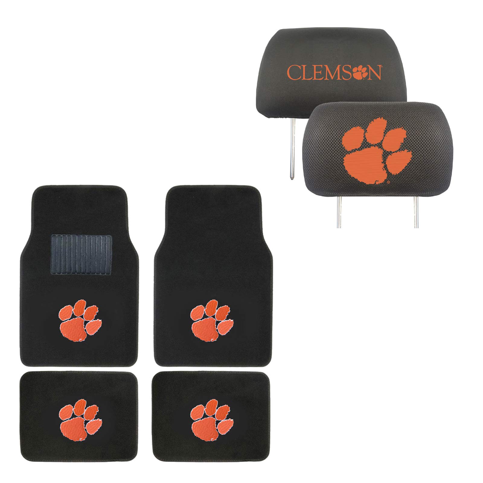 Officially Licensed Clemson Tigers AAC FANMATS NCAA Carpet Floor Mats Bundle with Head Rests (6-Piece Set) - Perfect for Game Day Decor, Dorm Room Essentials & College Football Fan Gifts
