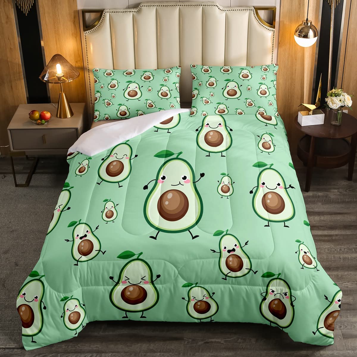 Kids Avocado Comforter Set - Kawaii 3-Piece Queen Size Bedding with Tropical Fruit Design, Green Botanical Cartoon Quilted Down Comforter for Boys & Girls | Perfect for Nursery, Bedroom Decor & Gift