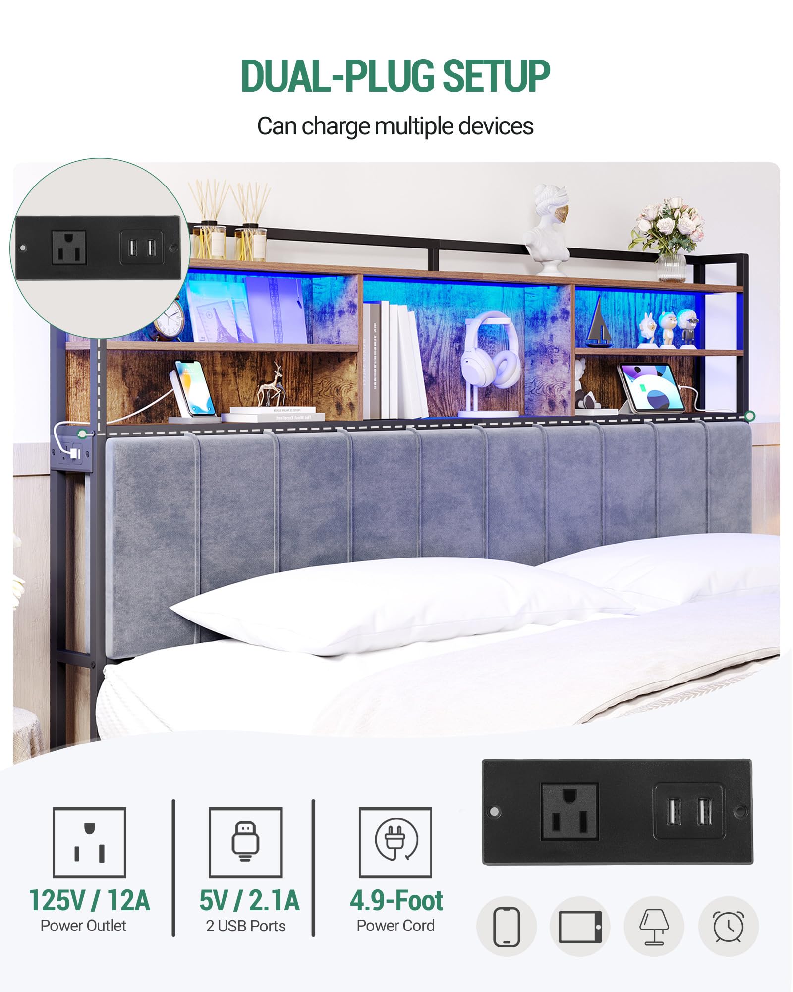 Velvet Upholstered Headboard with 3-Tier Storage Shelves - King Size Bed Headboard with 2 Outlets, USB Ports & LED Lights - Rustic Brown and Black Soft Backrest for Bedroom, Master Suite, Dorm Room (Model BH19401B)
