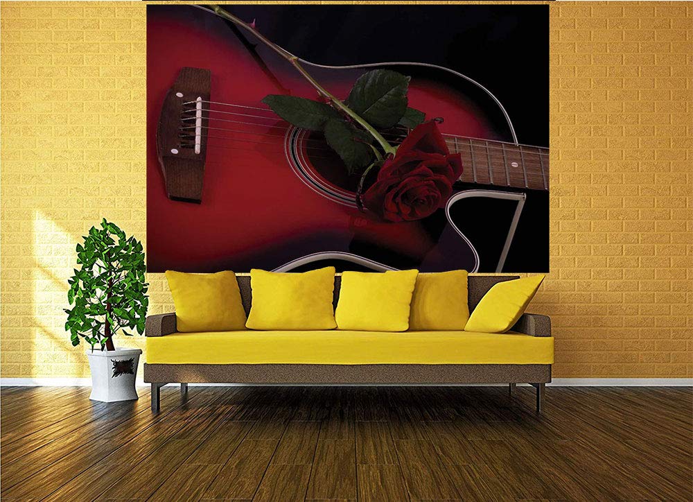 116x83 Inches Large Self-Adhesive Wall Mural - Spanish Musician Portugal Handmade Guitar with Romantic Rose Theme, Peel and Stick Removable Wallpaper for Home & Office Decor | Perfect for Living Room, Bedroom, or Workspace Accent Wall