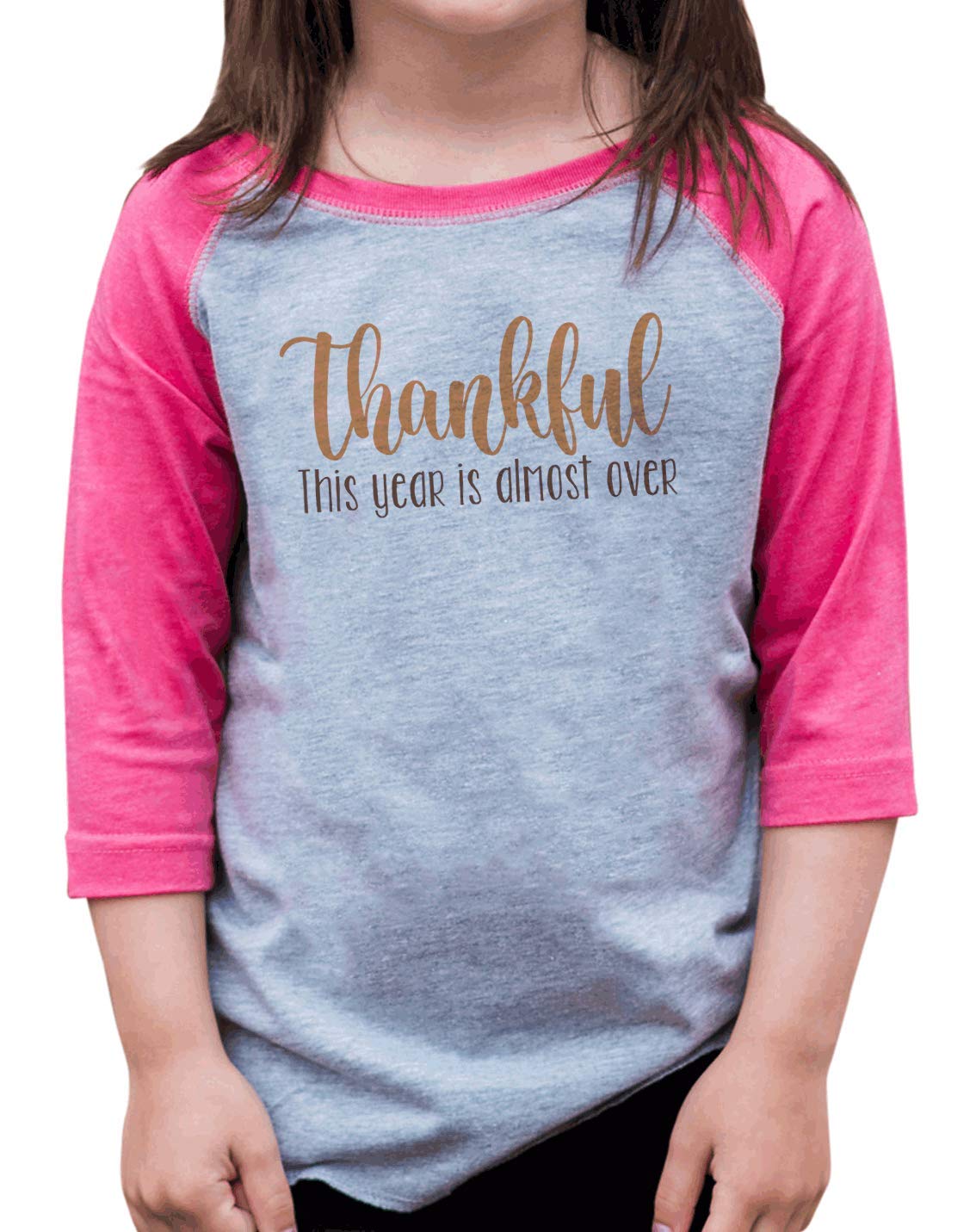 7 ate 9 Apparel Girls Thankful This Year is Almost Over T-Shirt | Cute Funny Thanksgiving Christmas Holiday Outfit for Kids | School Party, Family Gathering, Photo Shoot