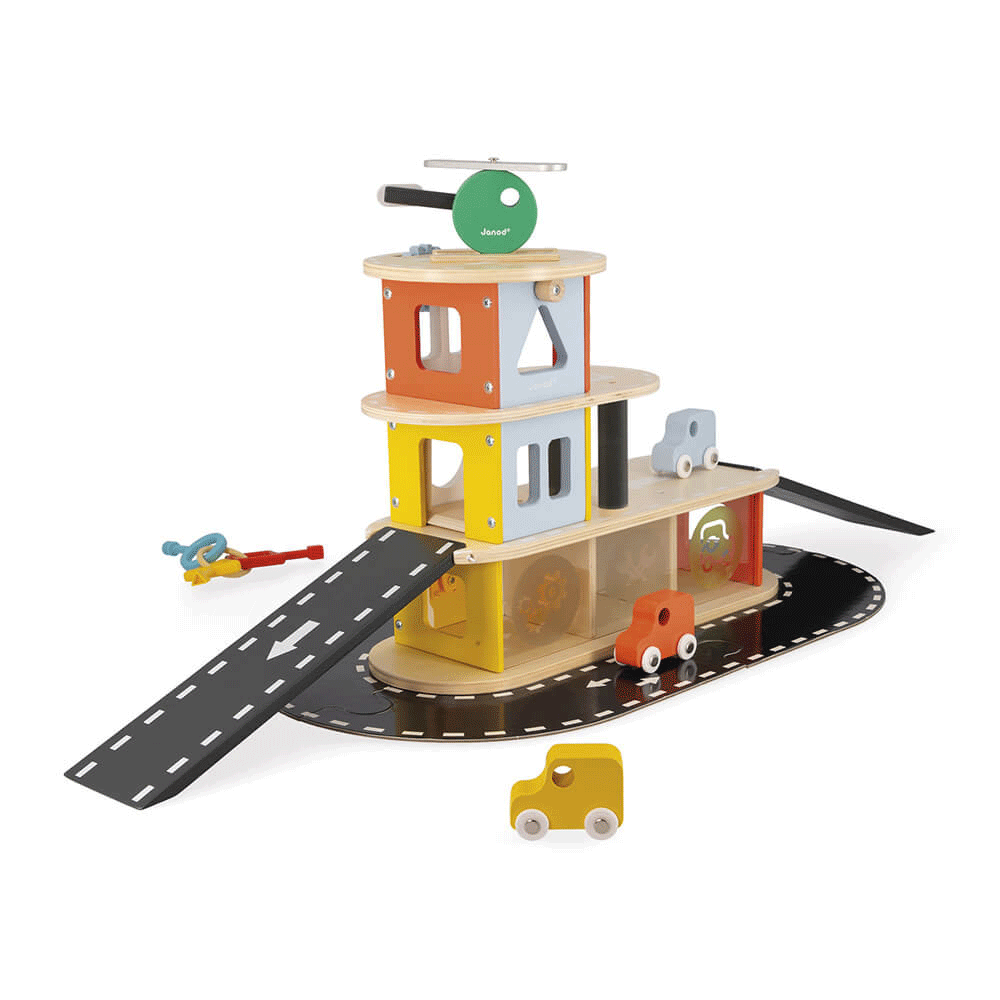 Janod Bolid Garage - Wooden Toy Car Garage for Kids with Elevator & Parking - Perfect for Pretend Play, Gift for Boys & Girls Ages 3+