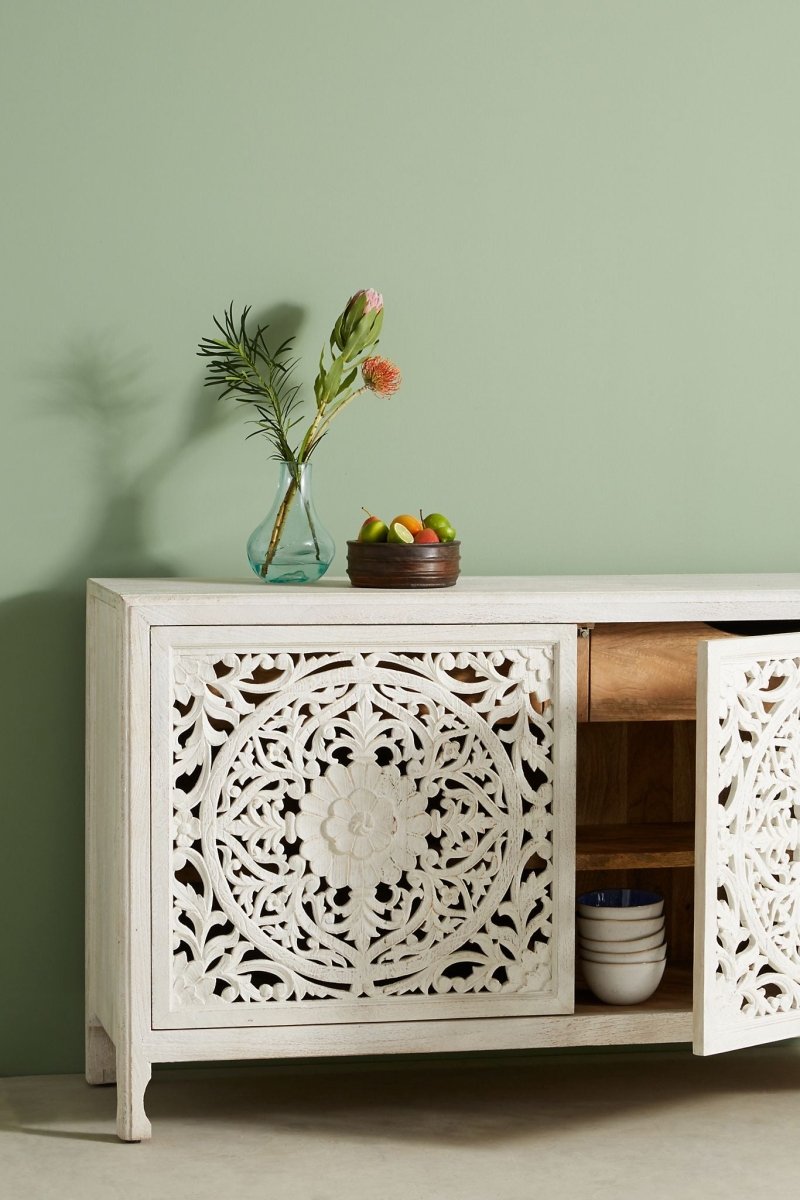 Hand Carved White Lombok Buffet Table - Custom Made Solid Wood Sideboard for Dining Room & Living Room Storage | Elegant Home Decor Furniture