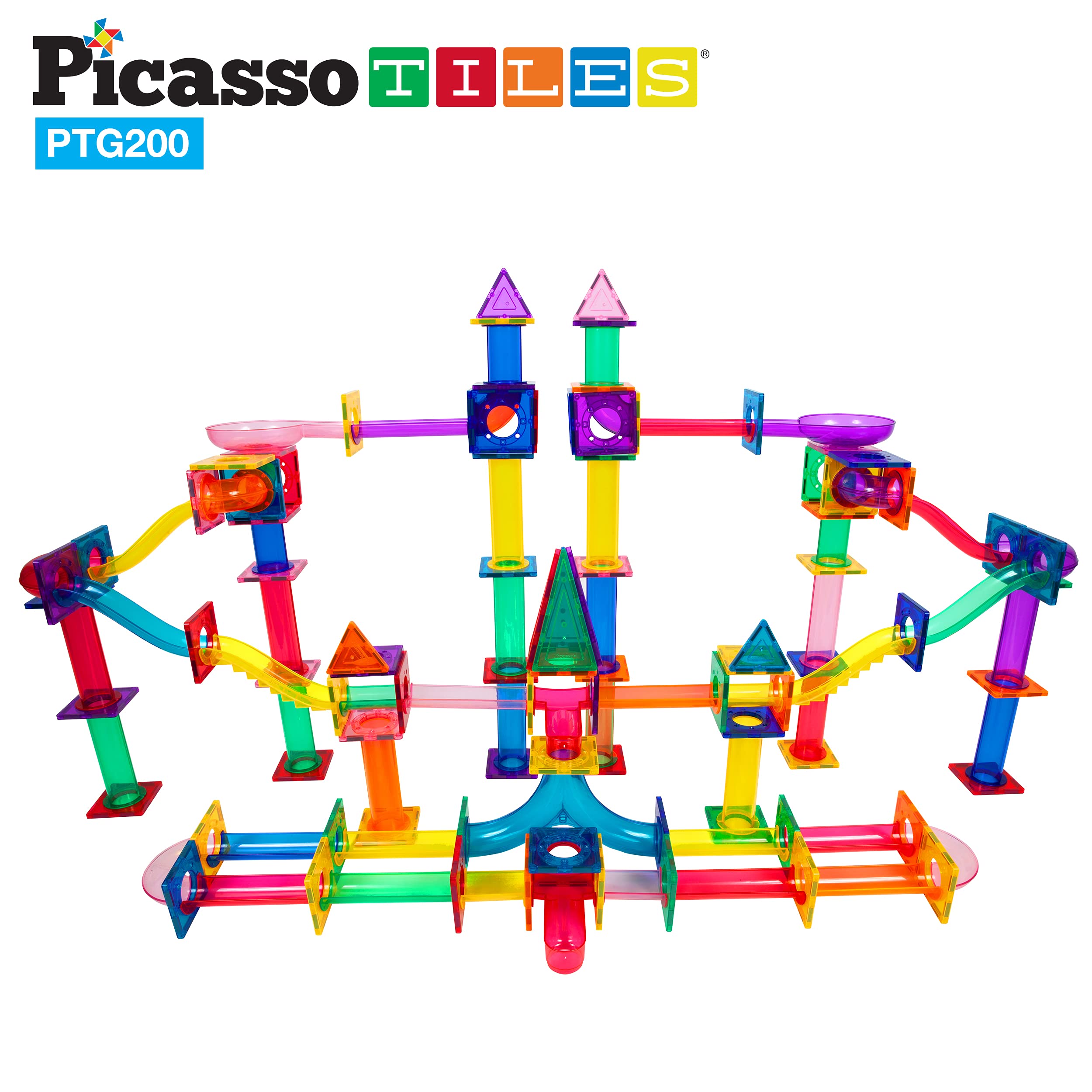 PicassoTiles 200-Piece Magnetic Marble Run Set - STEM Educational Building Blocks for Kids Ages 3+, Marble Maze Race Track Toy with Sensory Marbles for Toddlers - Perfect for Indoor Play, Birthday Gifts & Early Learning Activities