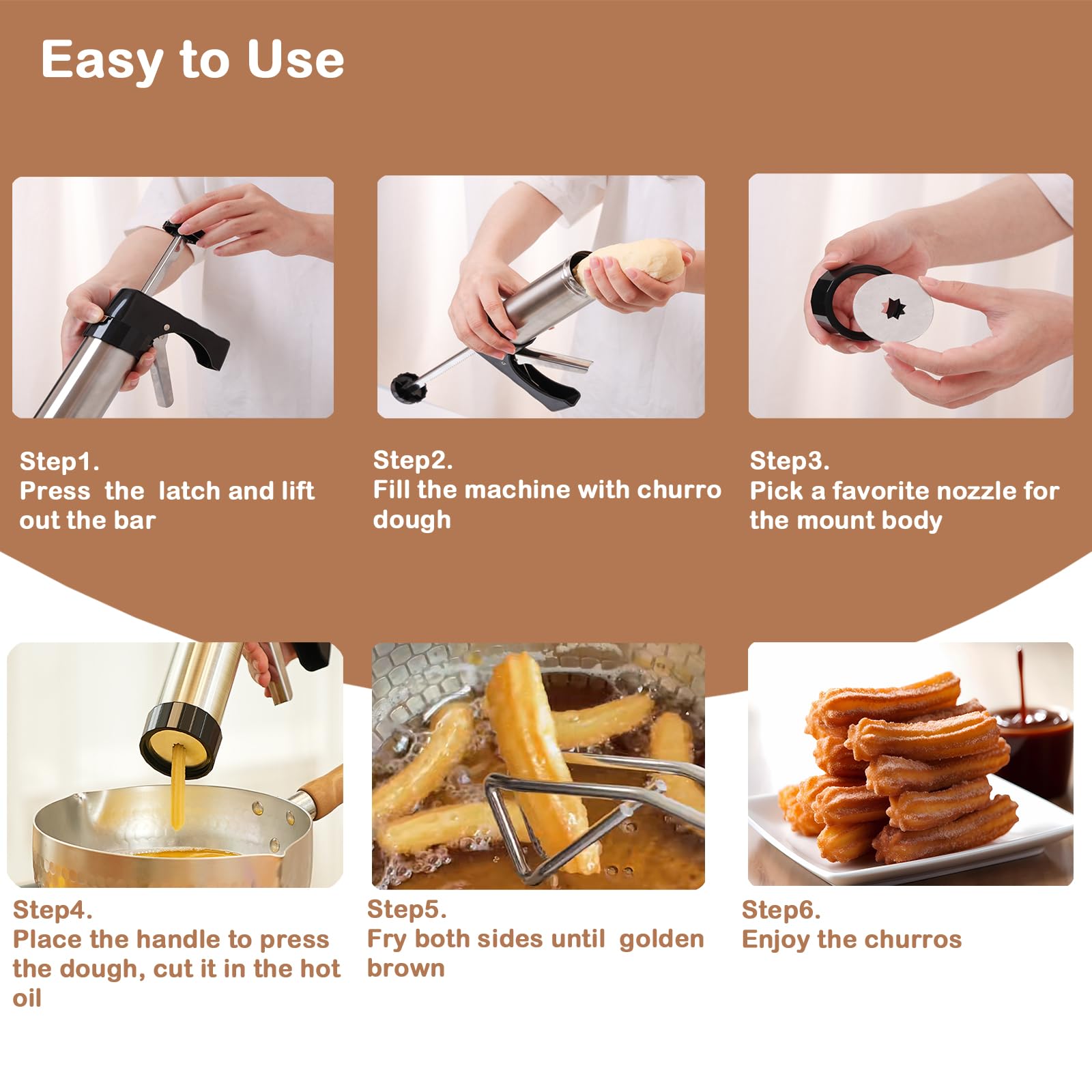 Stainless Steel Churro Maker Machine Kit with 3 Nozzles & 2 Brushes – Professional Churro Piping Tip & Bag for Homemade Churros – Perfect for Parties, Catering, and Home Baking